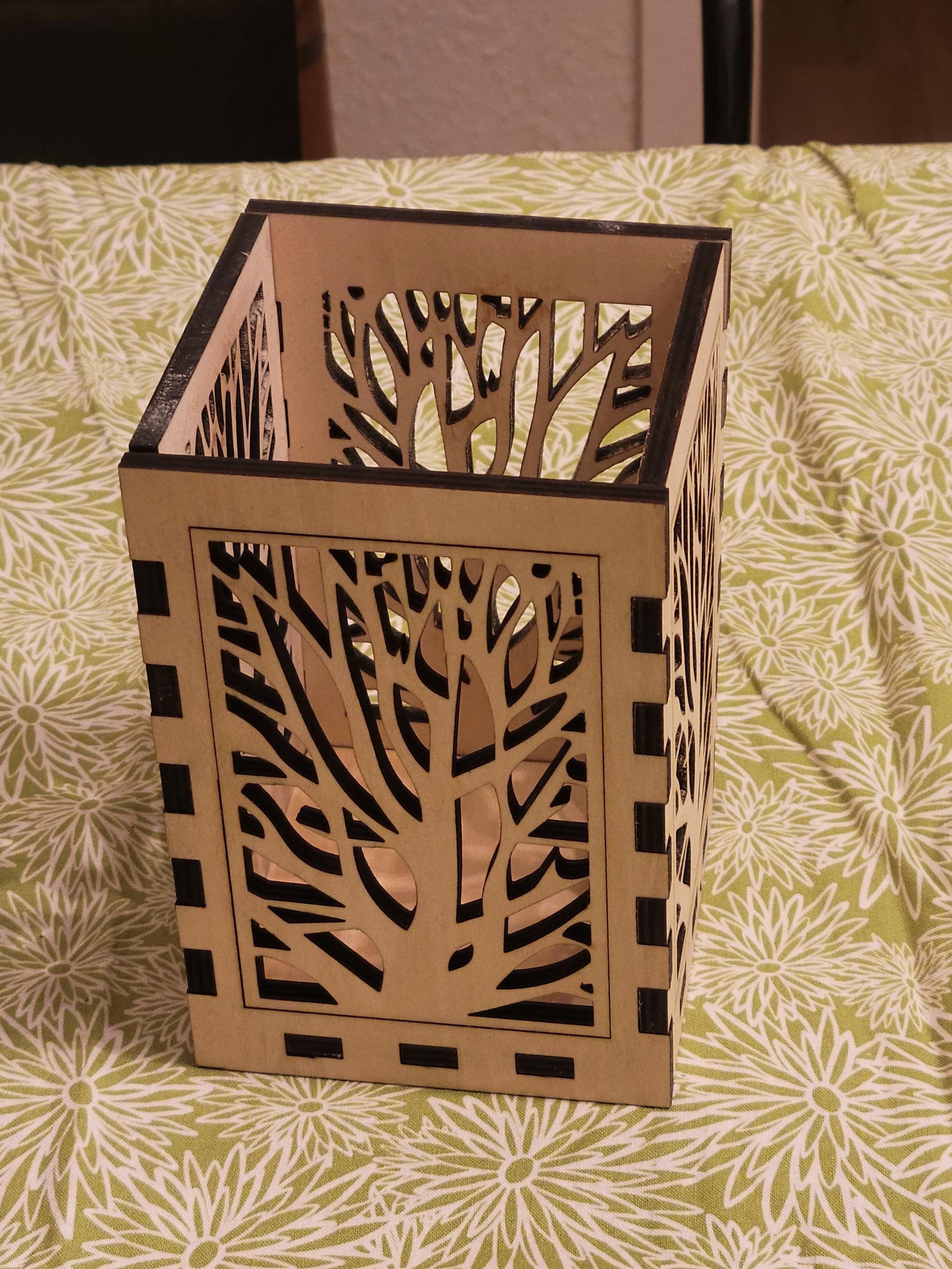 Nature Scene Tea Light Lantern. Laser Cut Wood Lantern with Vellum and LED Candle.