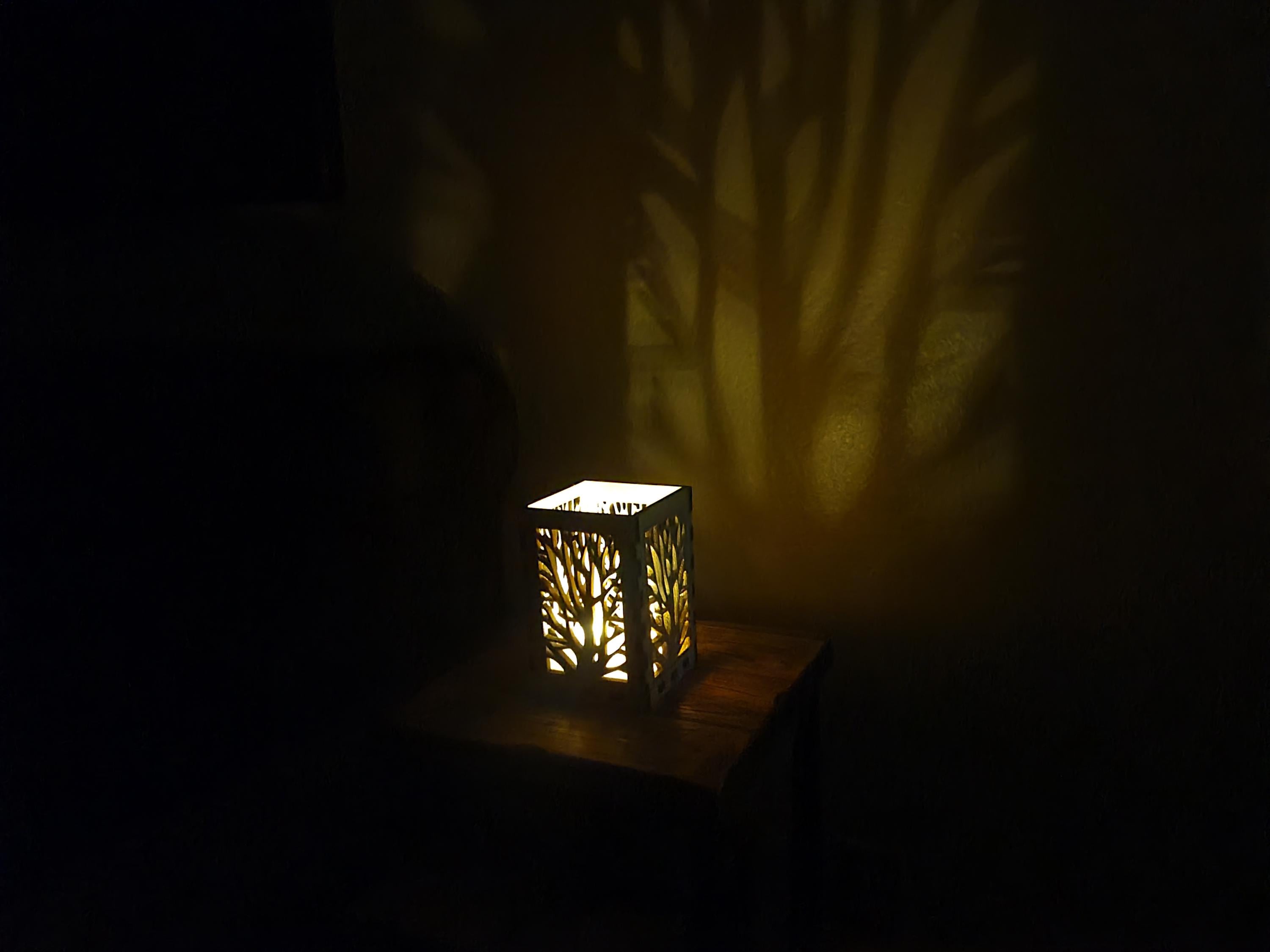 Nature Scene Tea Light Lantern. Laser Cut Wood Lantern with Vellum and LED Candle.