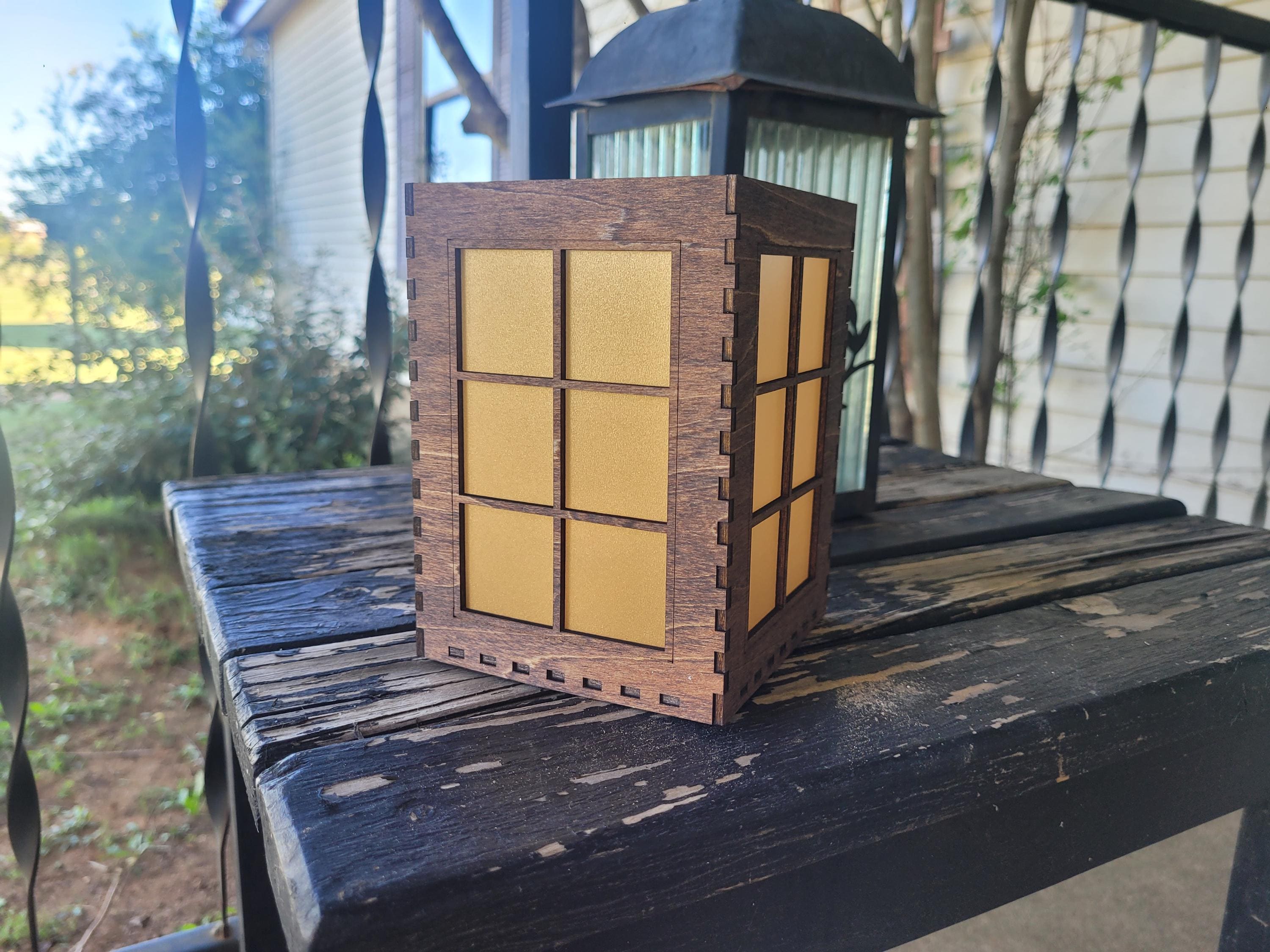 Rustic Window Pane Tea Light Lantern: Laser Cut Basswood with English Chestnut Stain.