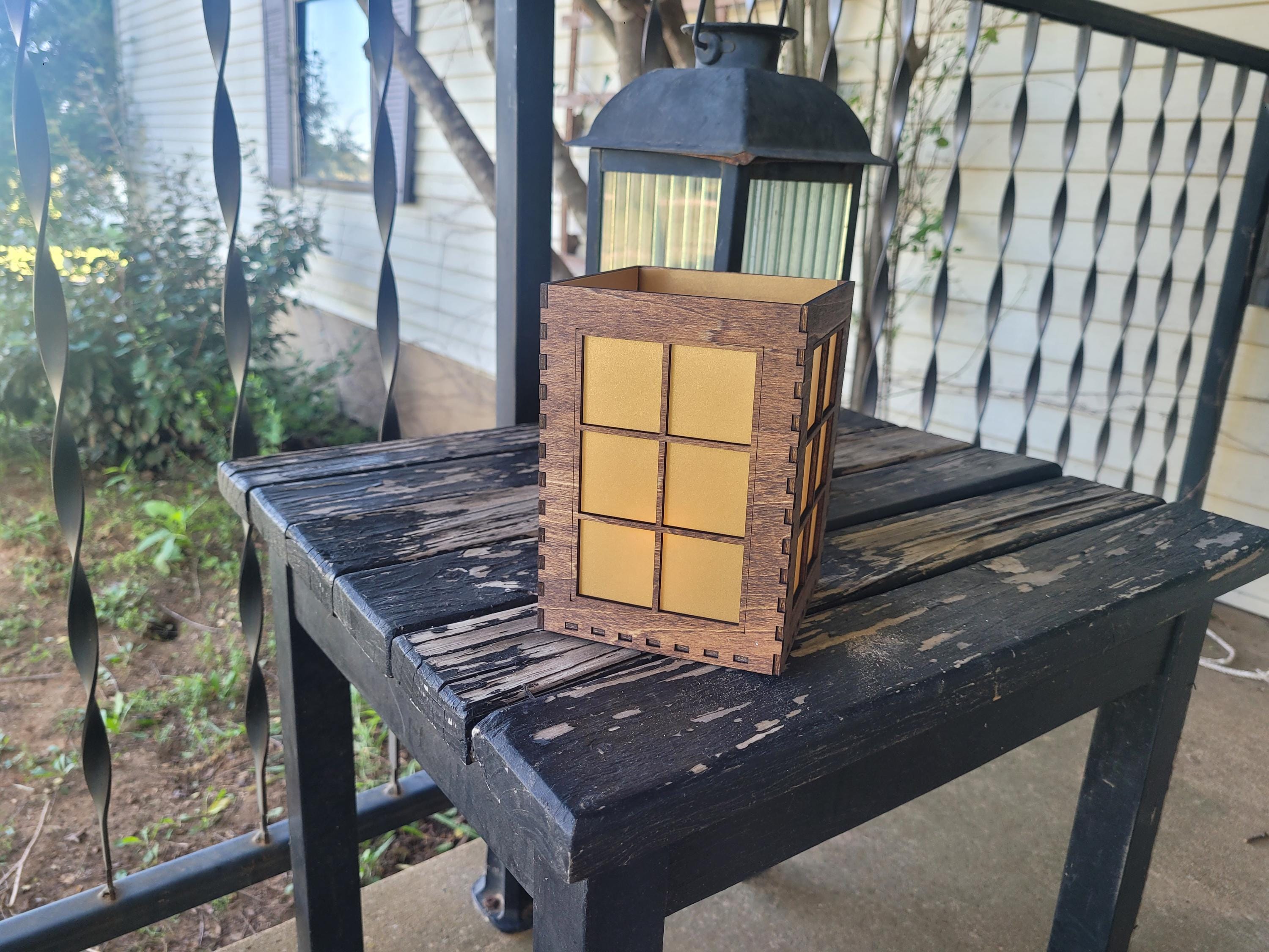 Rustic Window Pane Tea Light Lantern: Laser Cut Basswood with English Chestnut Stain.