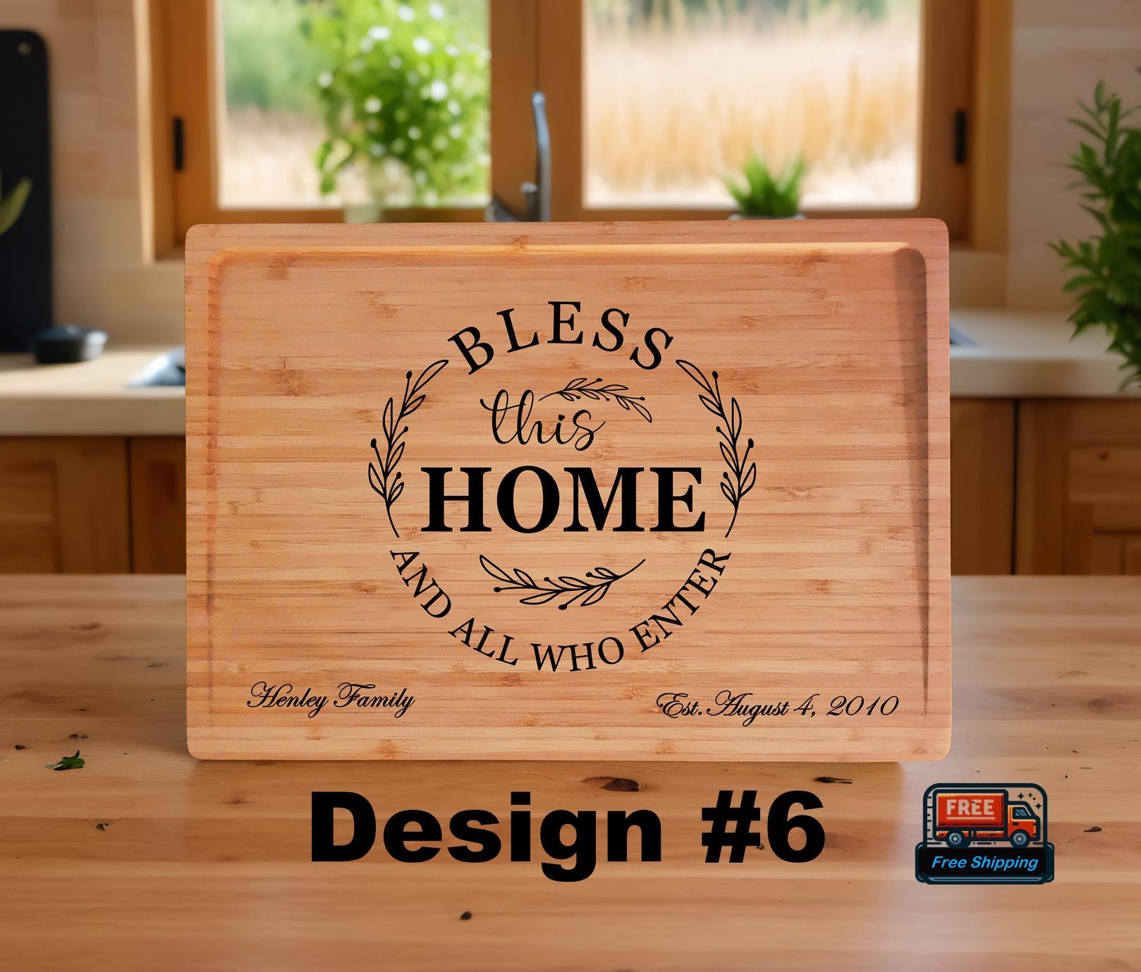 Personalized Bamboo Cutting Board: Engraved Family Name & Wreath