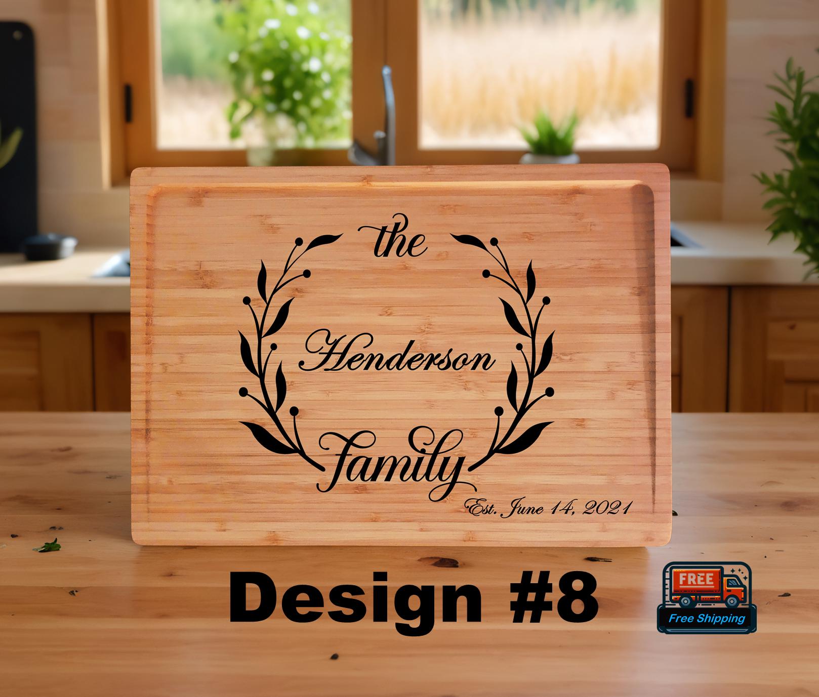 Personalized Bamboo Cutting Board: Engraved Family Name & Wreath