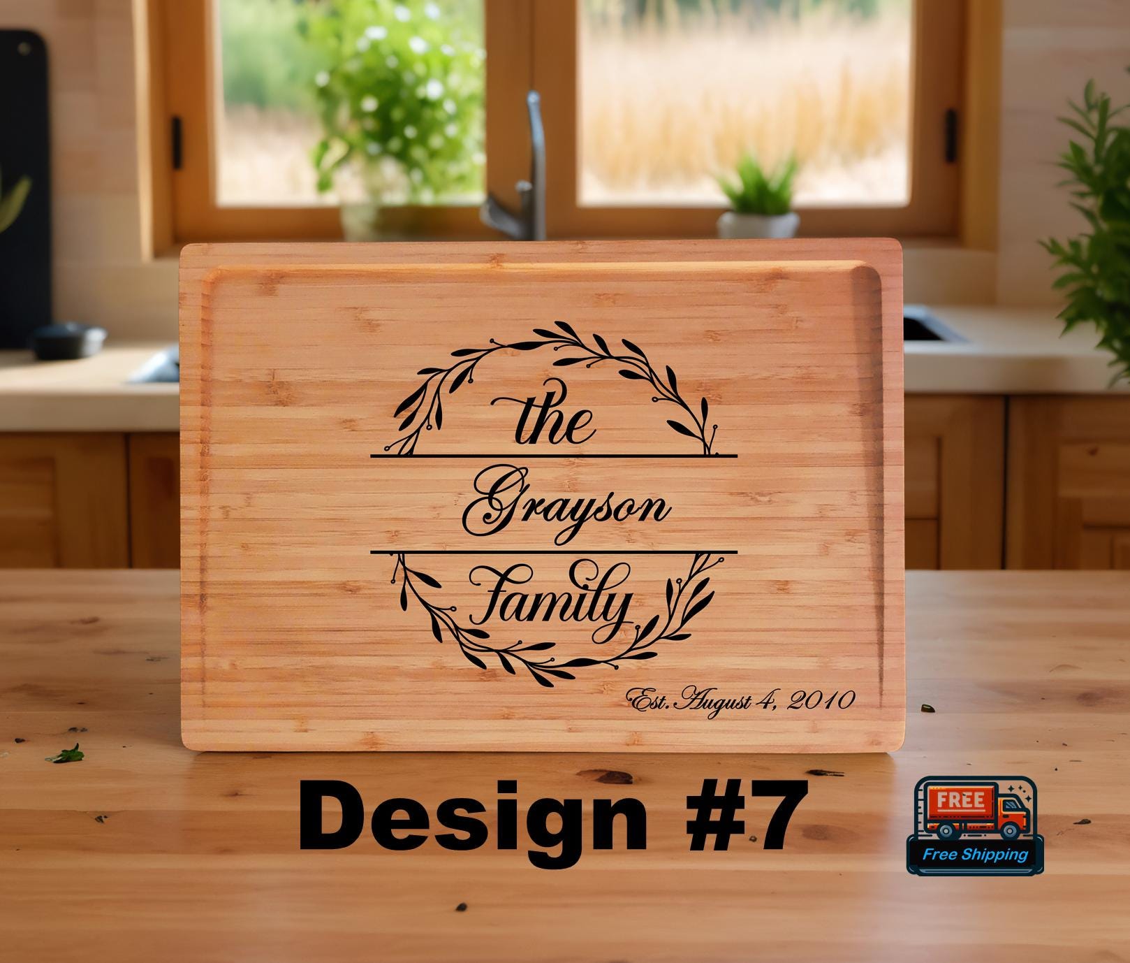 Personalized Bamboo Cutting Board: Engraved Family Name & Wreath