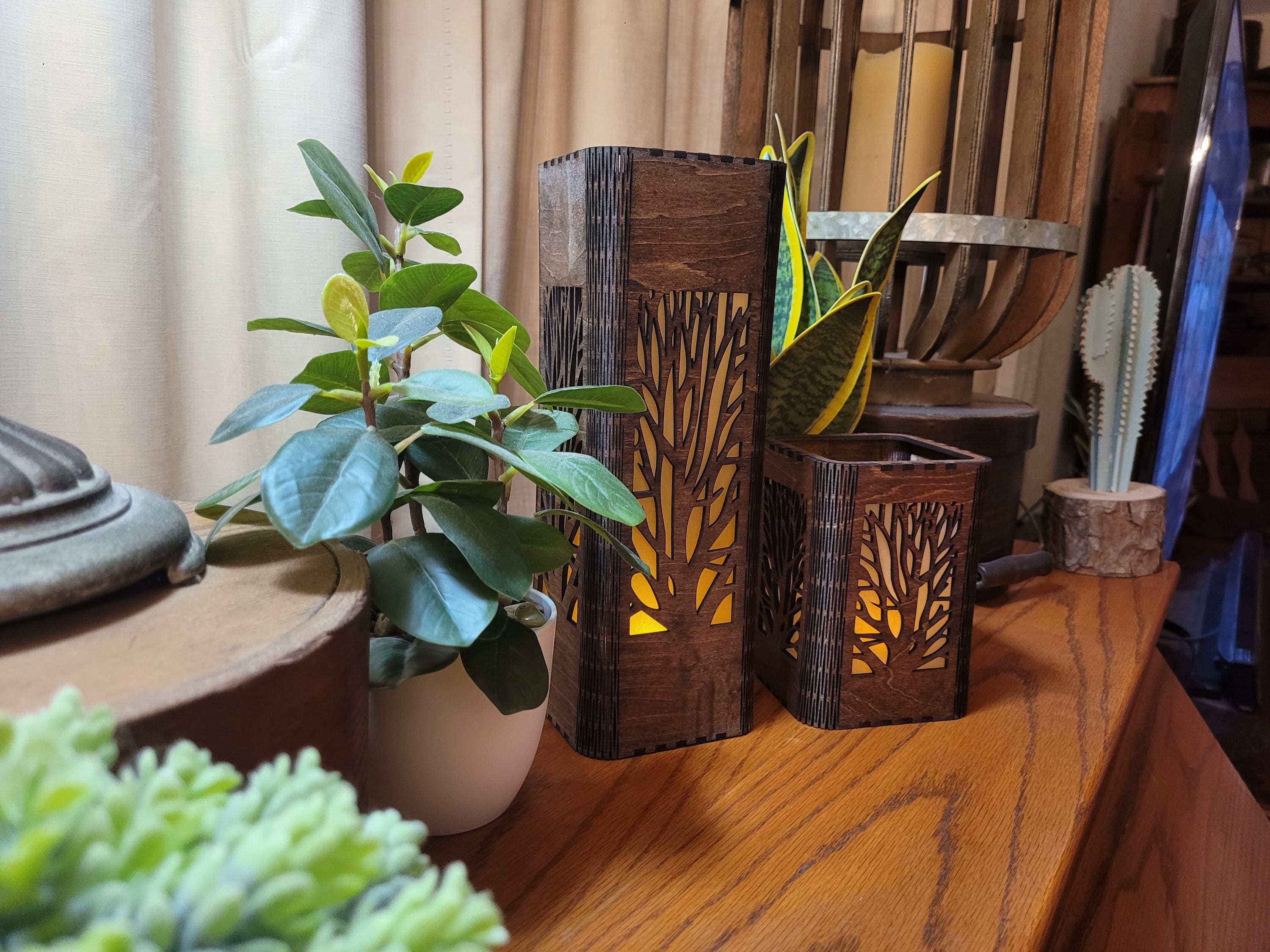 Personalized Tea Light Lantern Set: Engraved Wooden Candle Holders