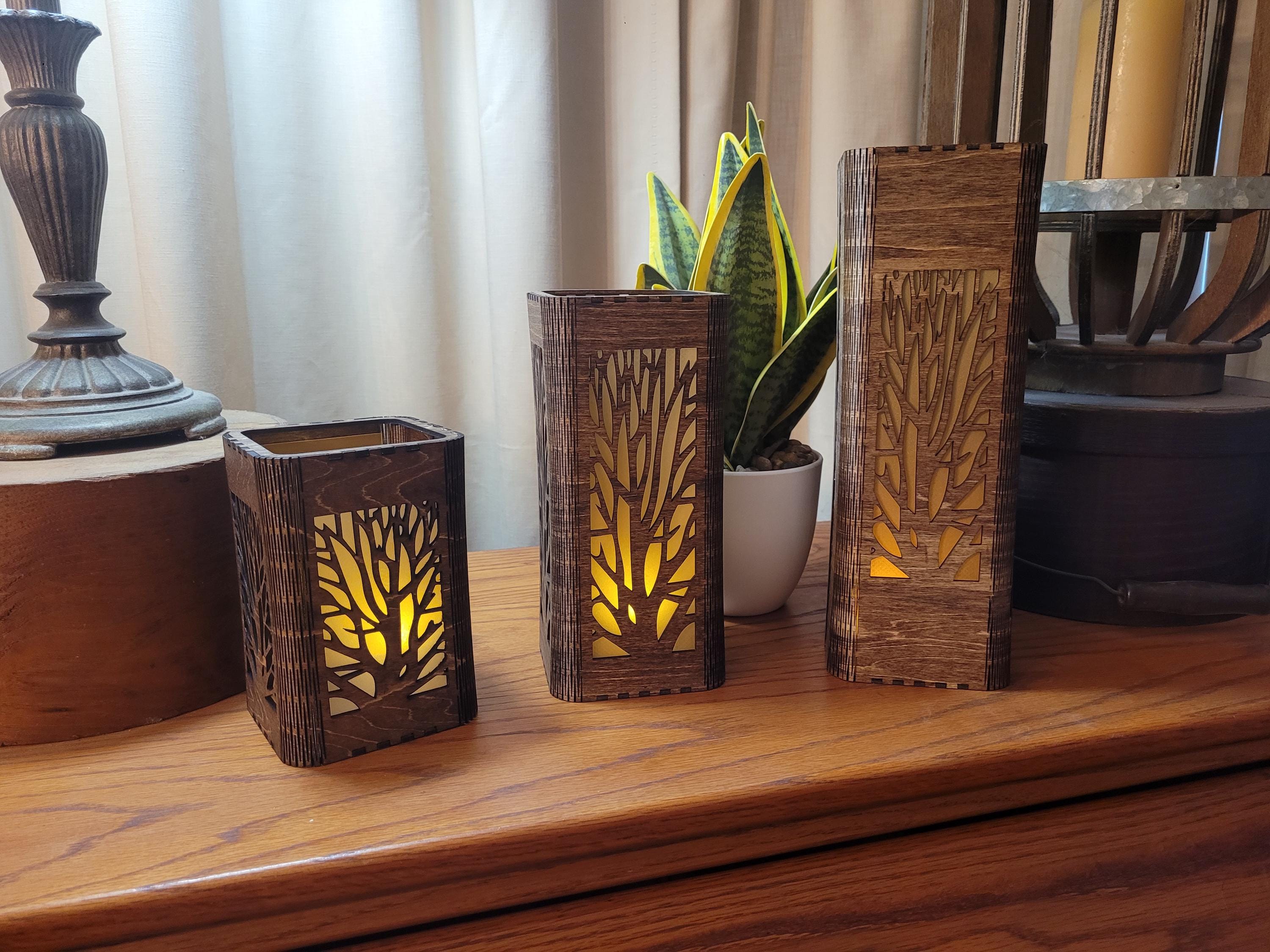 Personalized Tea Light Lantern Set: Engraved Wooden Candle Holders