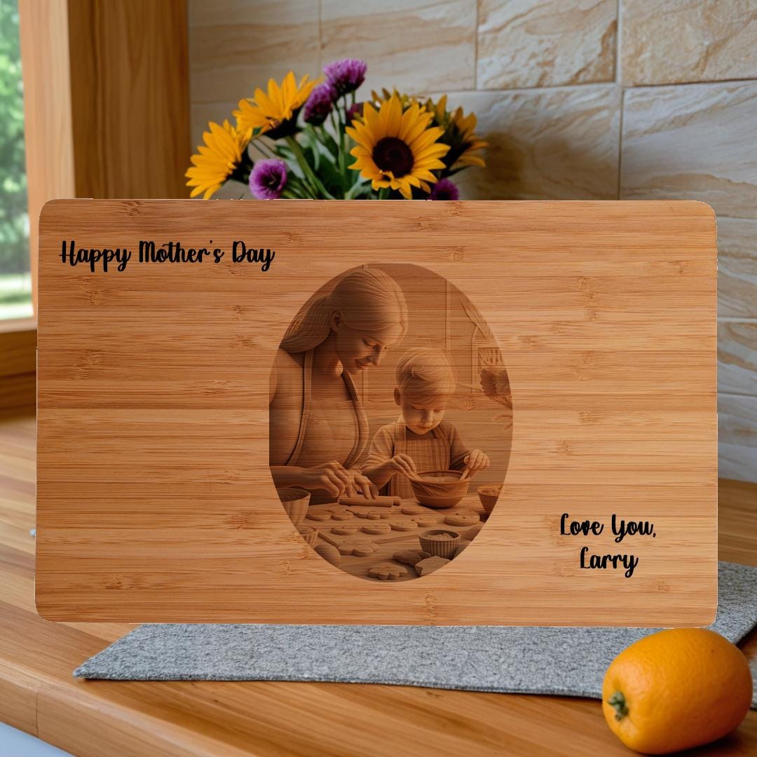 Personalized Gift for Mom | Bamboo Cutting Board with Custom 3D Illusion of Mom and Child Baking Cookies Beautiful Keepsake Gift for Mom