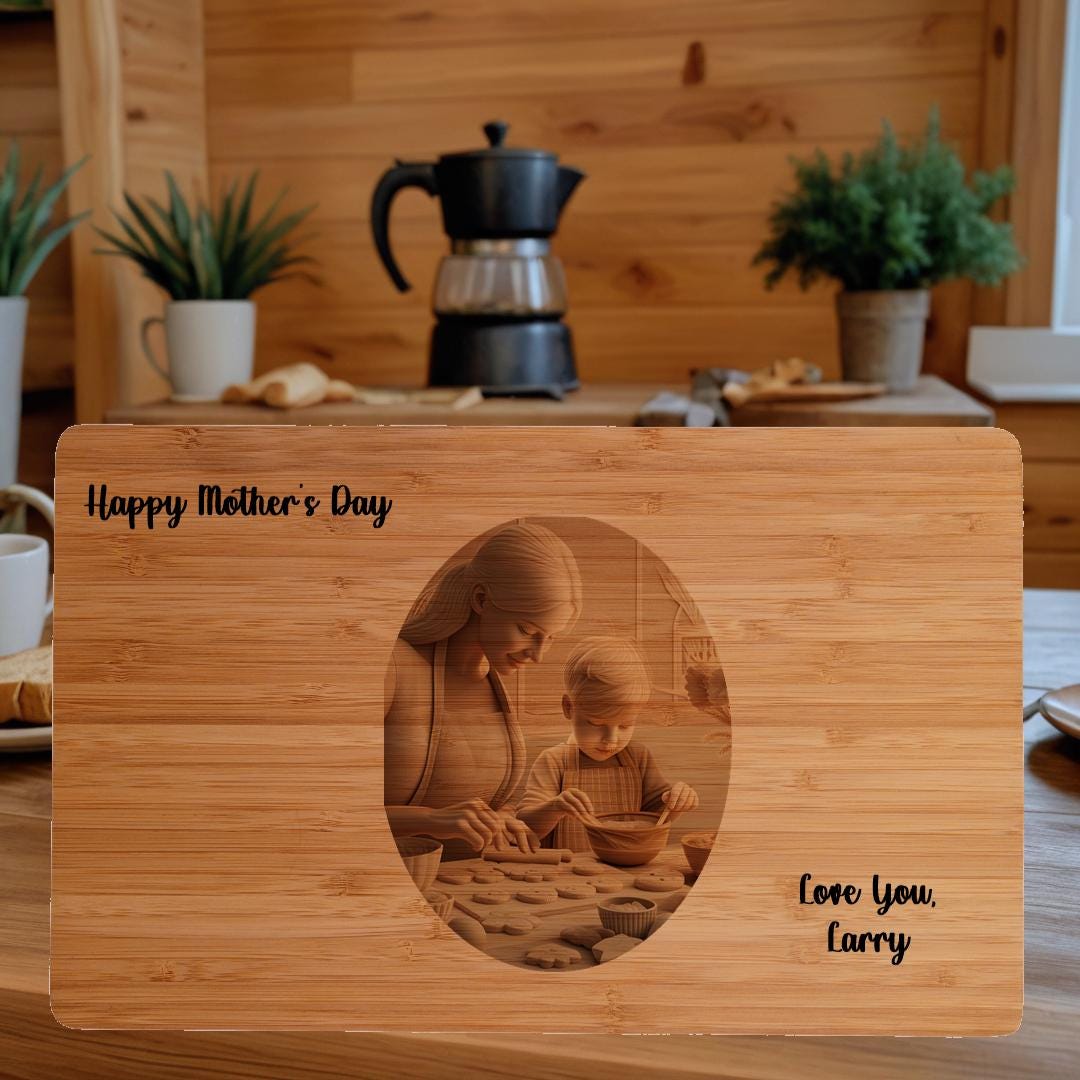 Personalized Gift for Mom | Bamboo Cutting Board with Custom 3D Illusion of Mom and Child Baking Cookies Beautiful Keepsake Gift for Mom