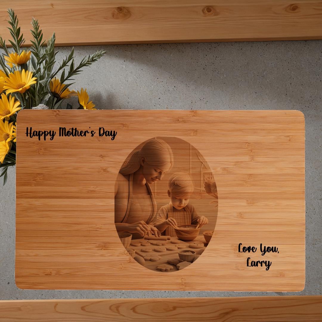 Personalized Gift for Mom | Bamboo Cutting Board with Custom 3D Illusion of Mom and Child Baking Cookies Beautiful Keepsake Gift for Mom