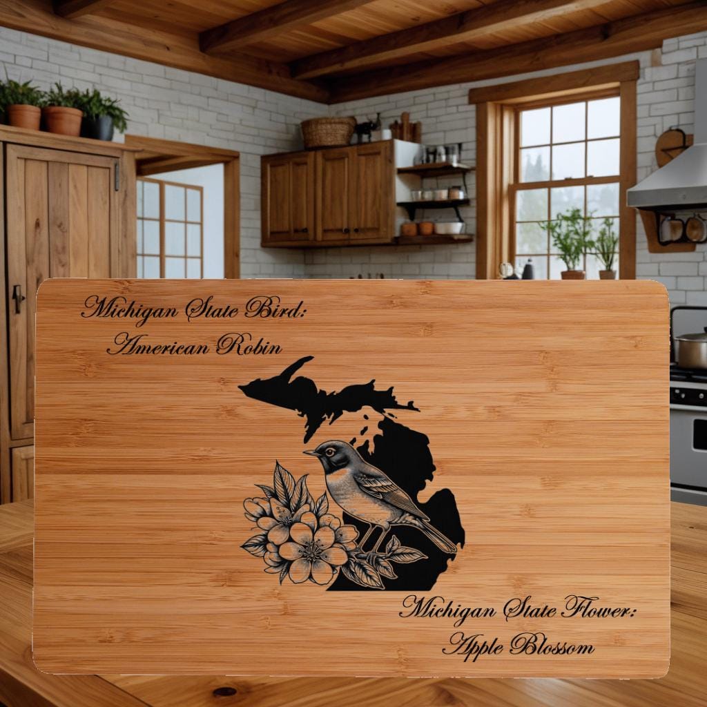 Personalized Cutting Board with Michigan State Bird and State Flower. Retirement Gift, Birthday, Anniversary or Housewarming Gift.