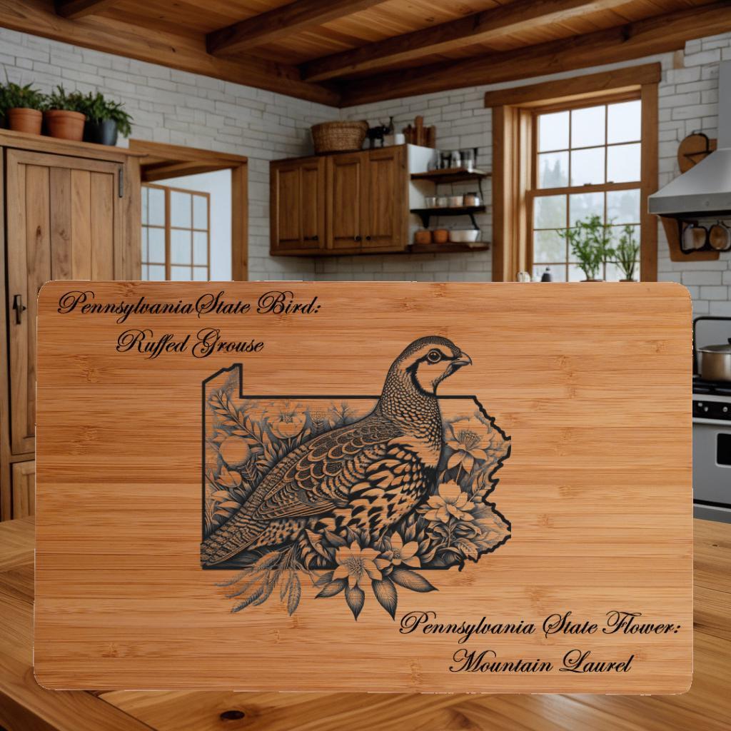 Personalized Pennsylvania State Bird and Flower Bamboo Cutting Board