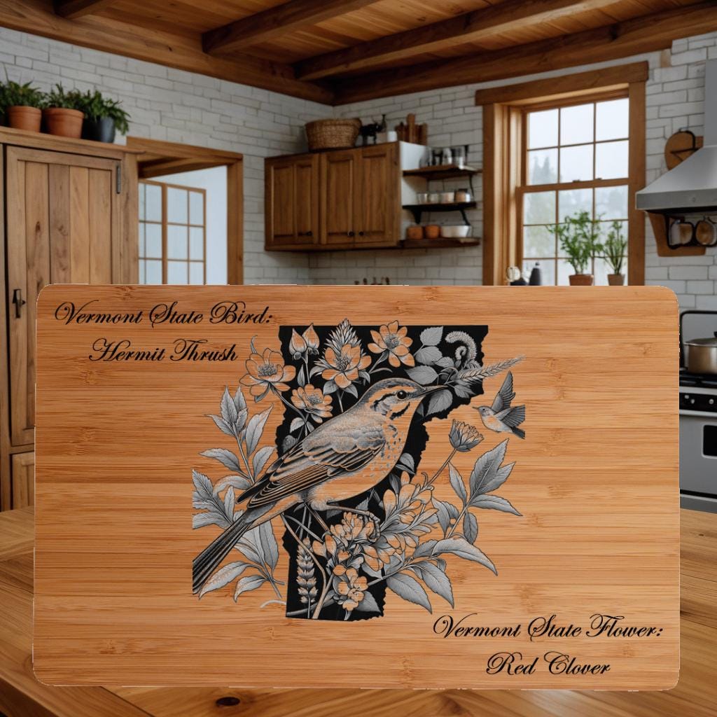 Vermont State Bird and Flower Bamboo Cutting Board: Engraved Gift