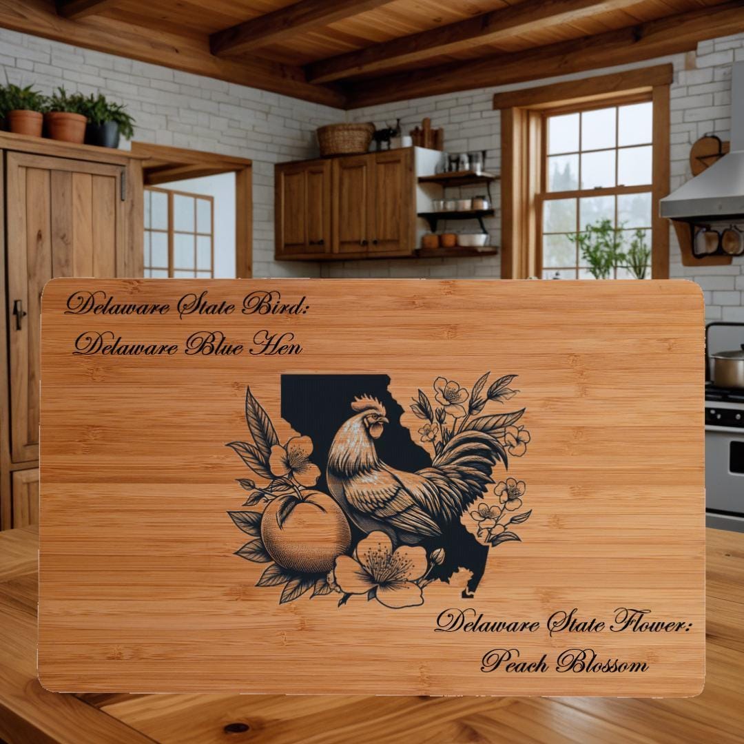 Personalized Cutting Board with Delaware State Bird and State Flower. Retirement Gift, Birthday, Anniversary or Housewarming Gift.