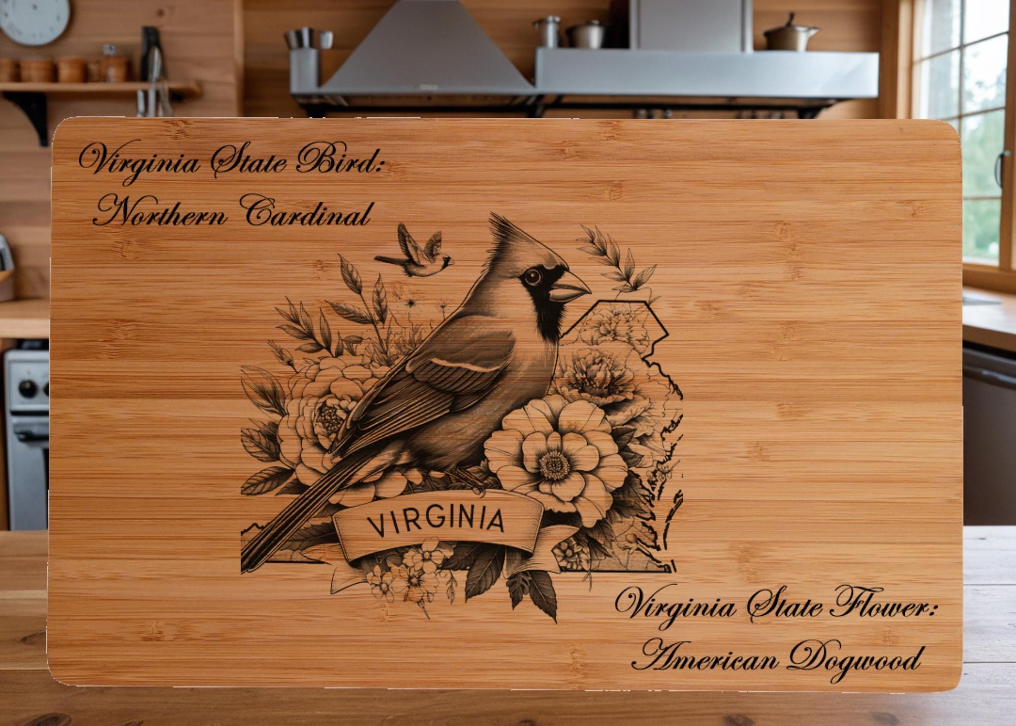 Virginia State Bird and Flower Bamboo Cutting Board: Northern Cardinal, American Dogwood