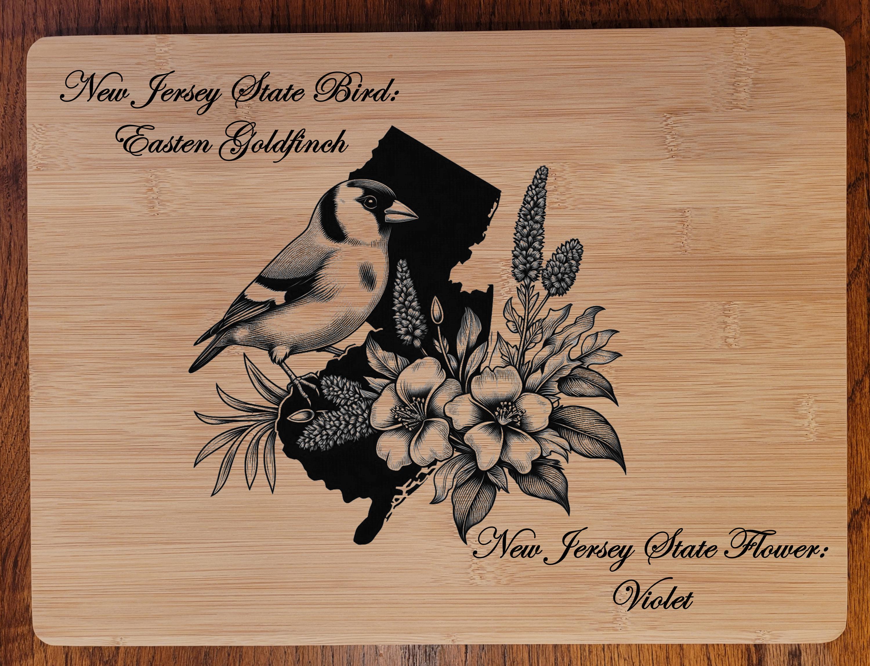Personalized New Jersey State Bird and Flower Bamboo Cutting Board