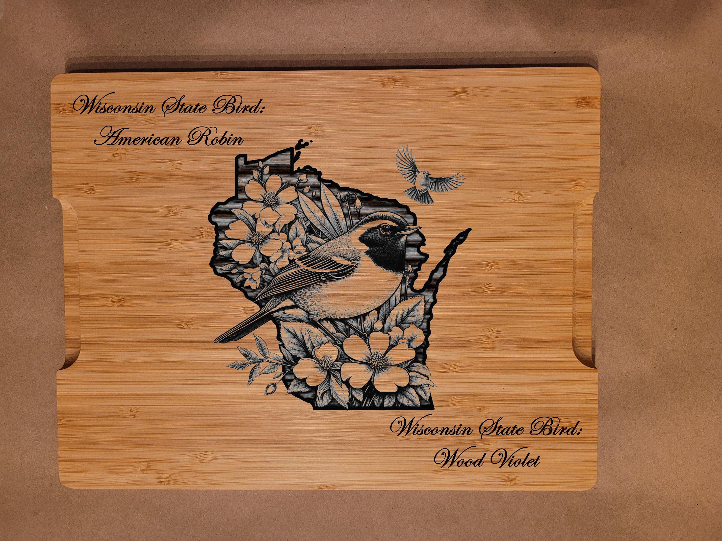Wisconsin State Bird and Flower Cutting Board: Engraved Bamboo