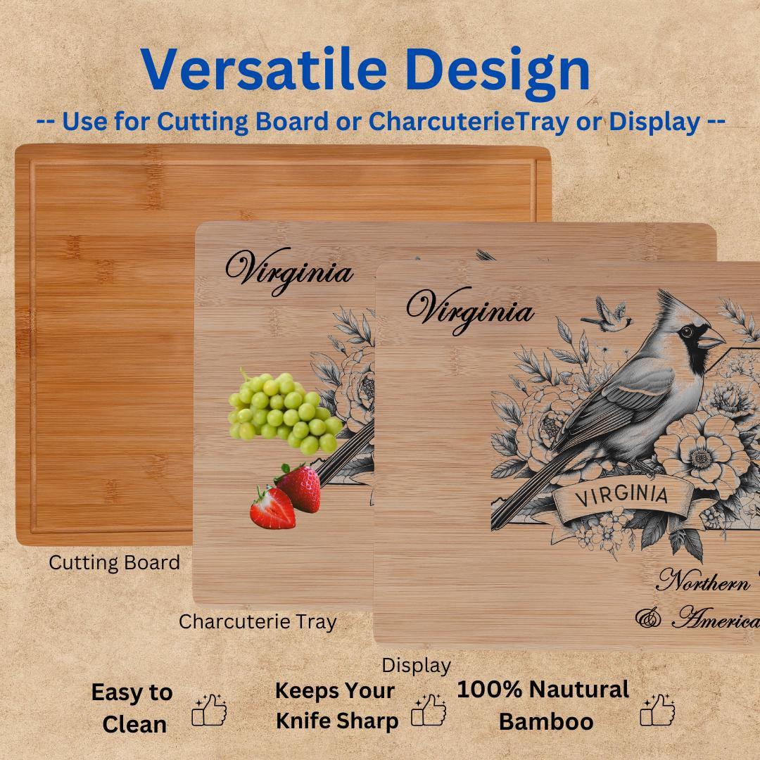 Virginia State Bird and Flower Bamboo Cutting Board: Northern Cardinal, American Dogwood