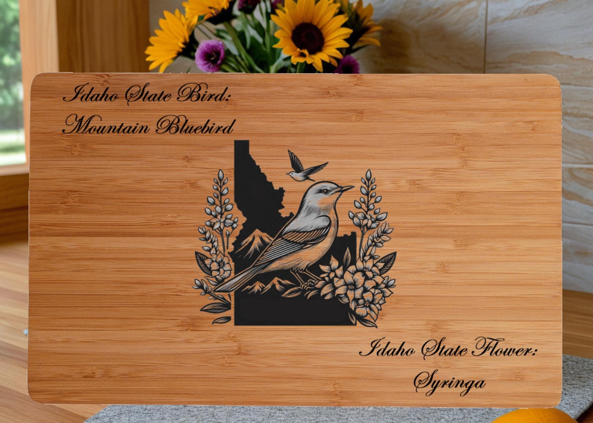 Personalized Cutting Board with Idaho State Bird and State Flower. Retirement Gift, Birthday, Anniversary or Housewarming Gift.