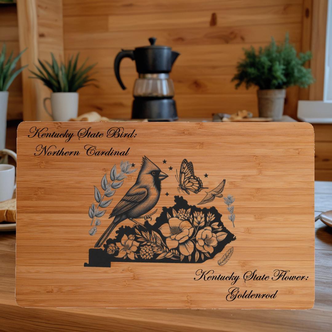 Kentucky State Bird and Flower Cutting Board: Engraved Bamboo