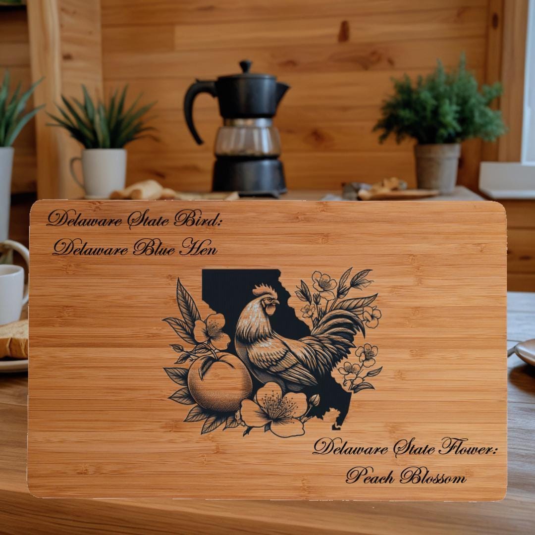Personalized Cutting Board with Delaware State Bird and State Flower. Retirement Gift, Birthday, Anniversary or Housewarming Gift.