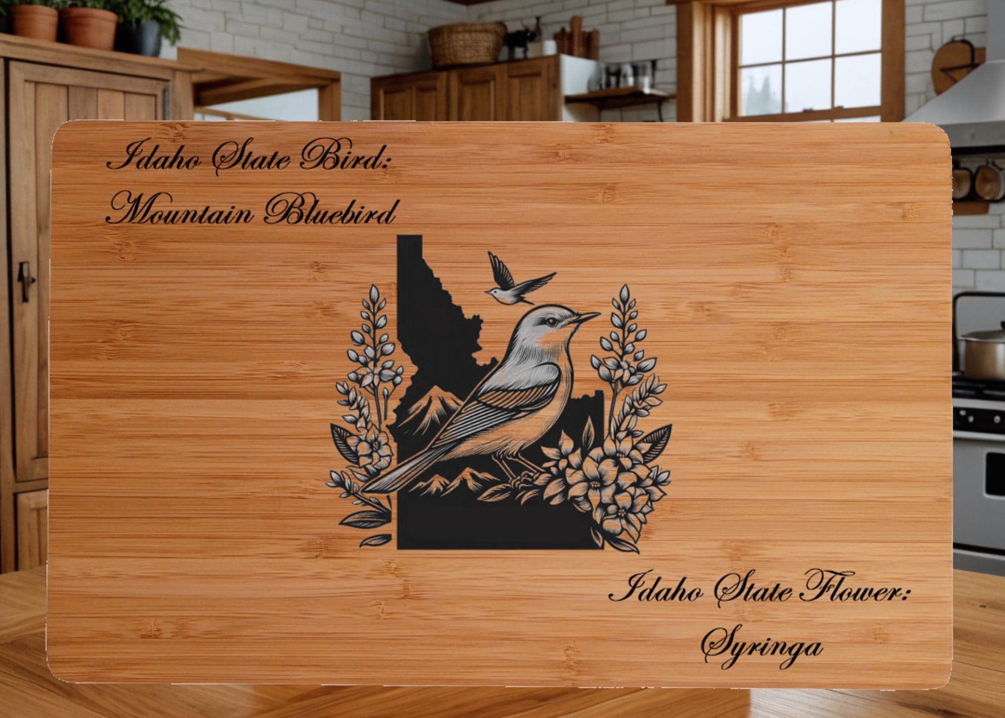 Personalized Cutting Board with Idaho State Bird and State Flower. Retirement Gift, Birthday, Anniversary or Housewarming Gift.