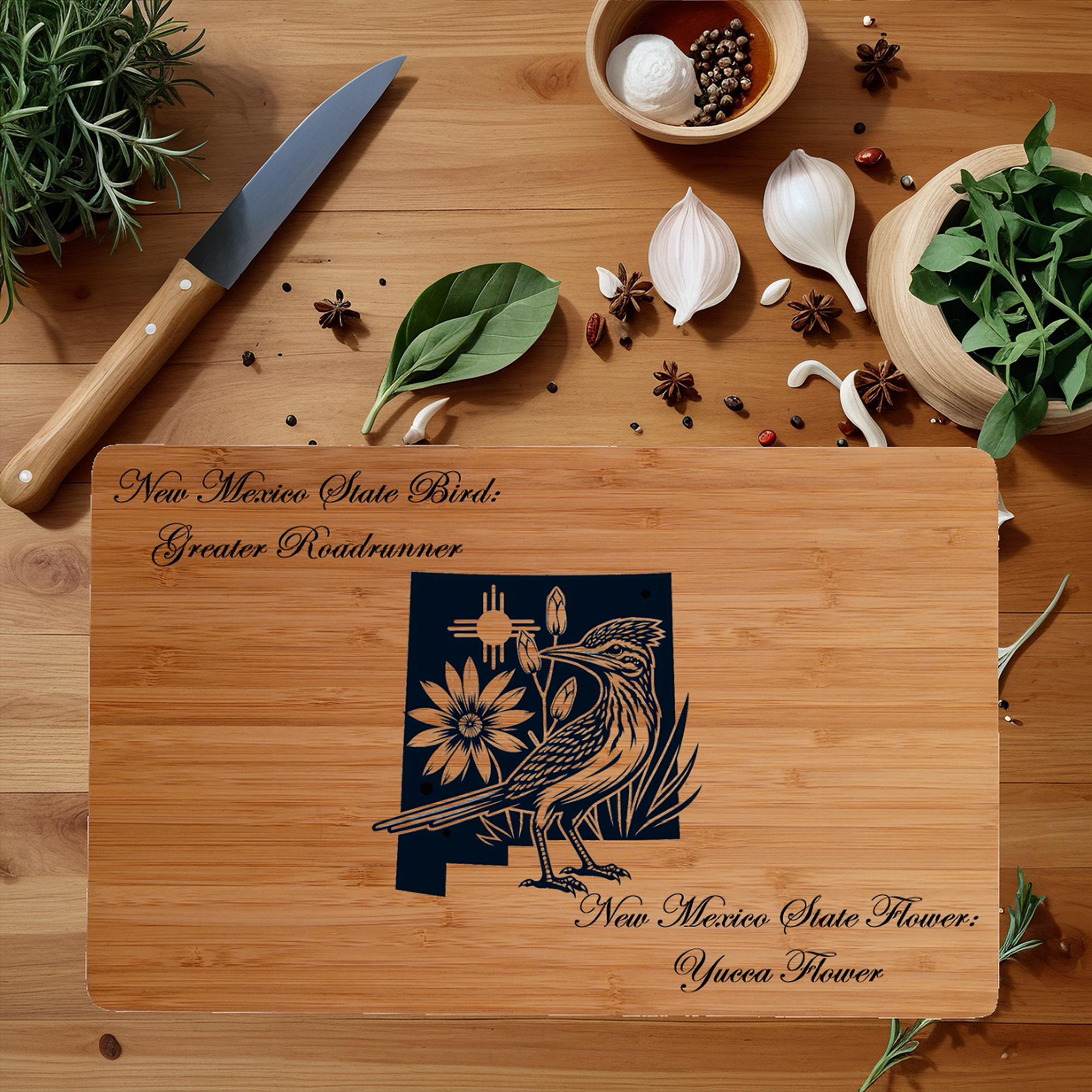 Personalized New Mexico Cutting Board: State Bird & Flower Engraved Bamboo
