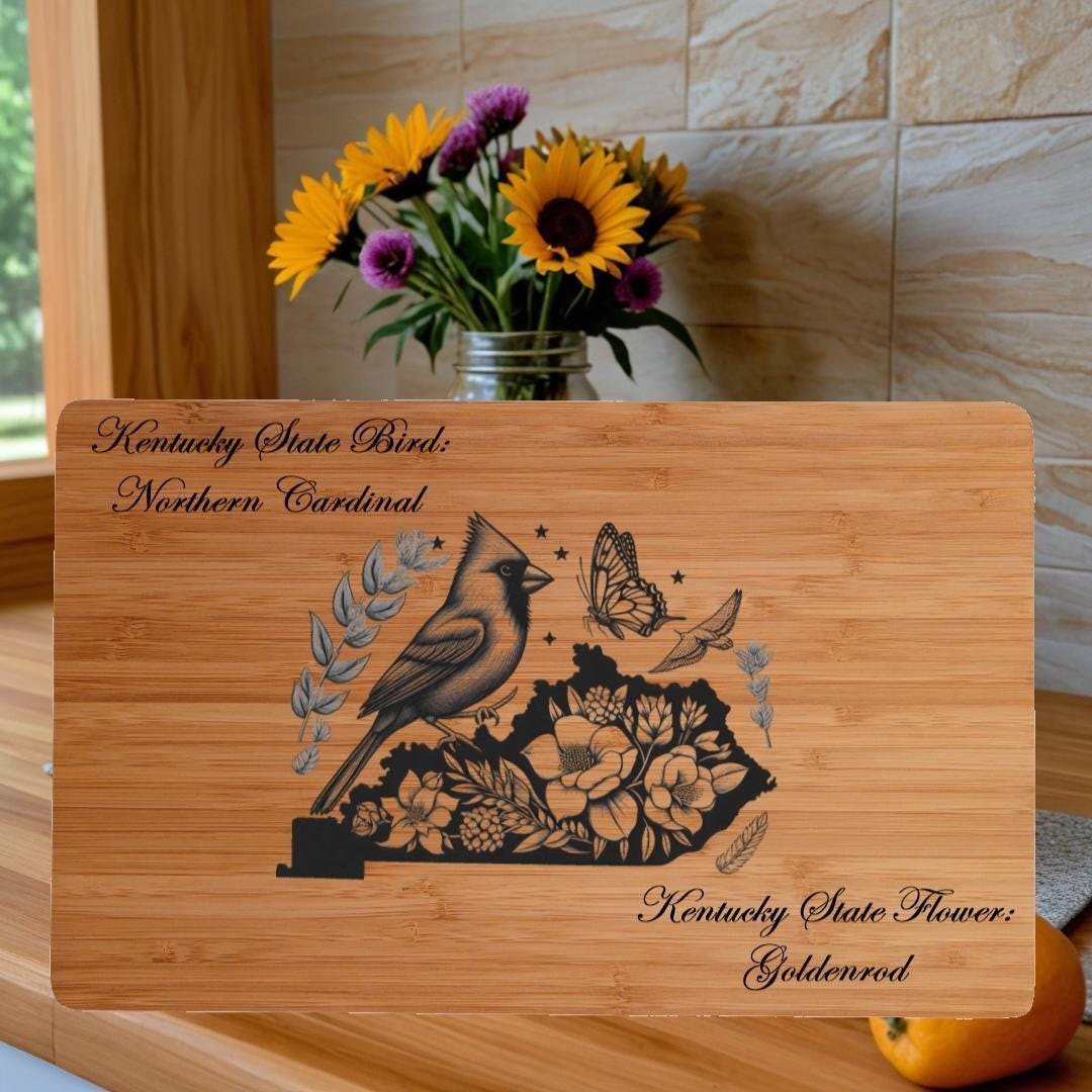 Kentucky State Bird and Flower Cutting Board: Engraved Bamboo