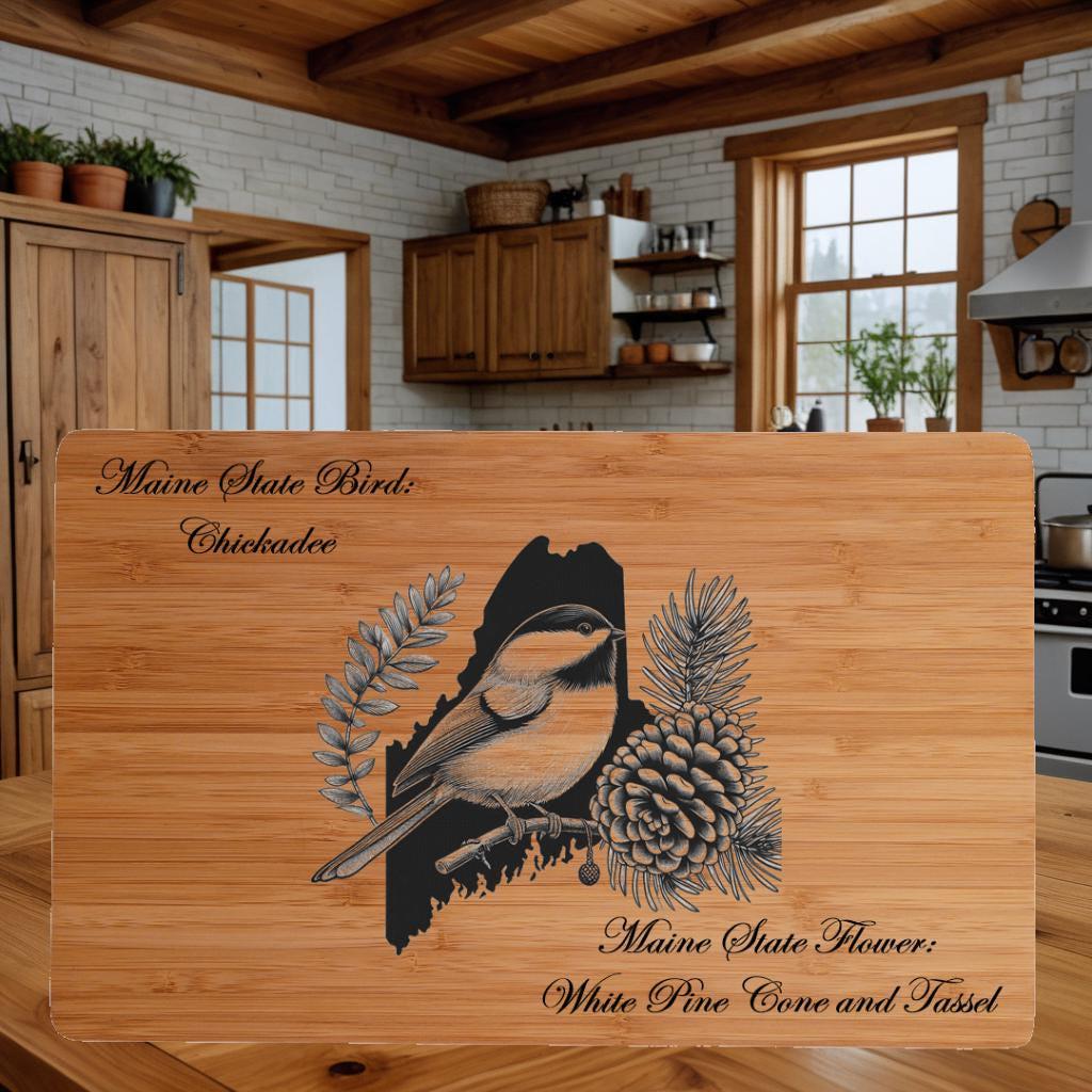 Personalized Maine State Bird & Flower Bamboo Cutting Board