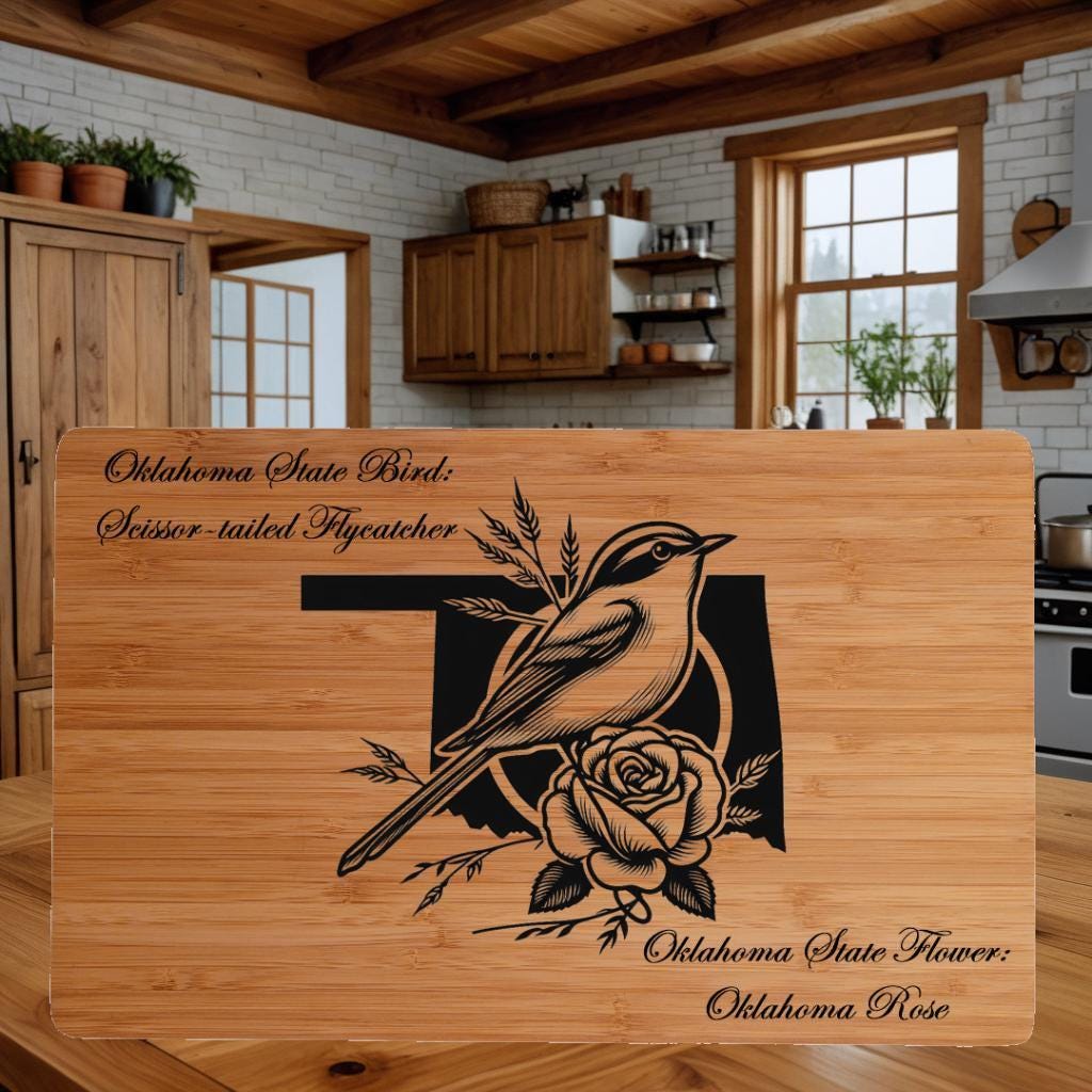 Personalized Oklahoma State Bird and Flower Bamboo Cutting Board