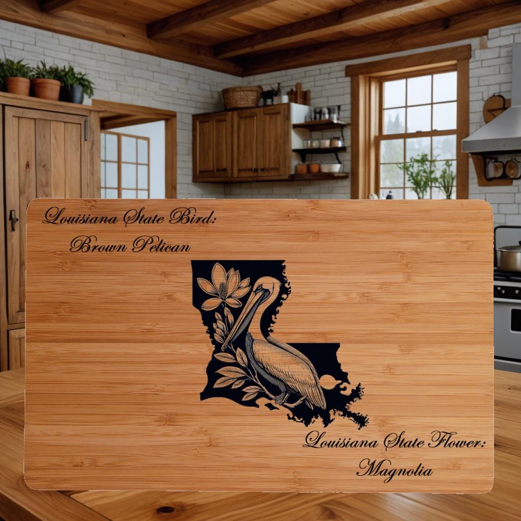 Personalized Cutting Board with Louisiana State Bird and State Flower. Retirement Gift, Birthday, Anniversary or Housewarming Gift.