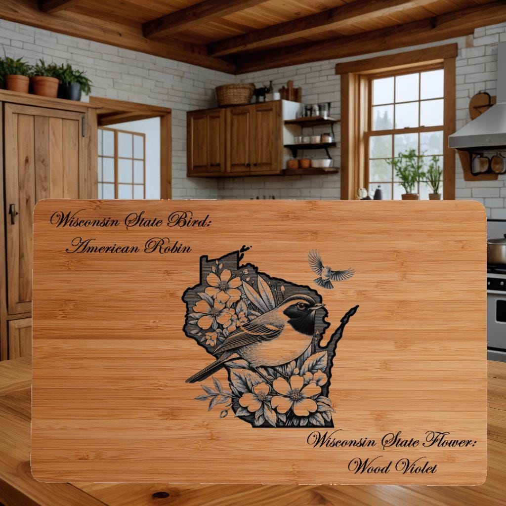 Wisconsin State Bird and Flower Cutting Board: Engraved Bamboo