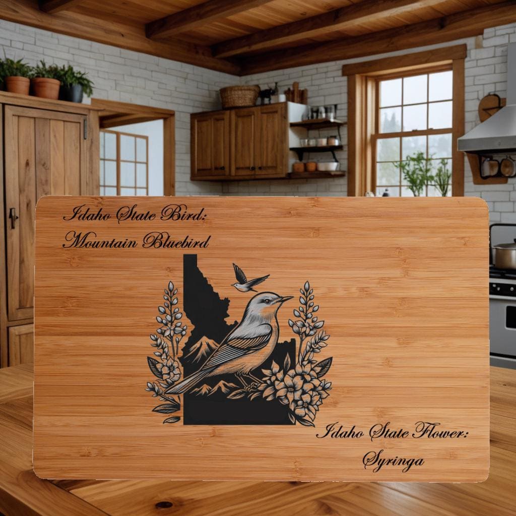 Personalized Cutting Board with Idaho State Bird and State Flower. Retirement Gift, Birthday, Anniversary or Housewarming Gift.