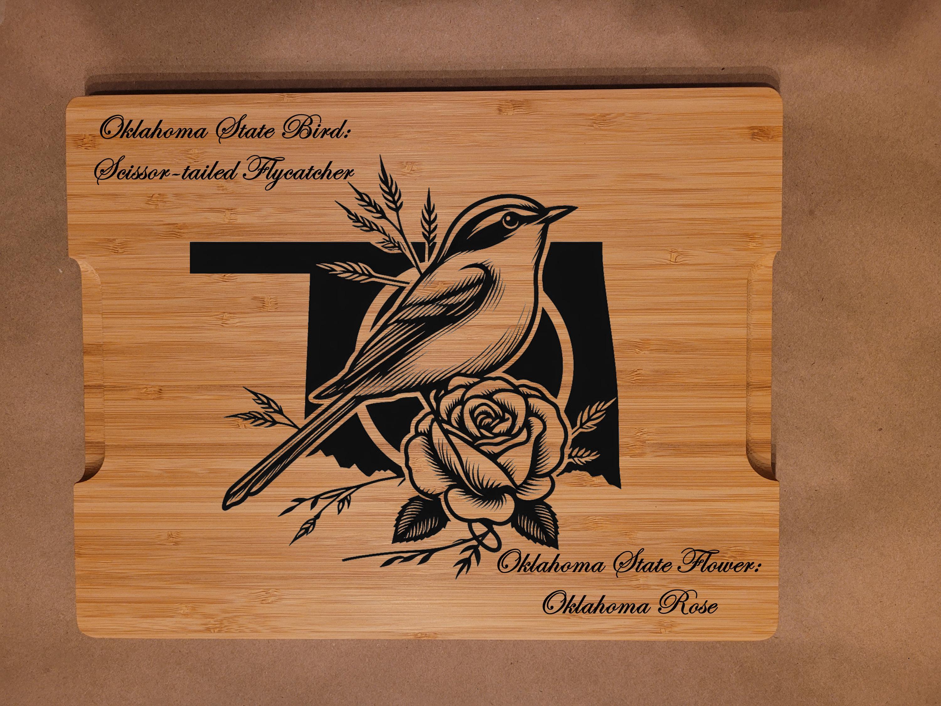Personalized Oklahoma State Bird and Flower Bamboo Cutting Board