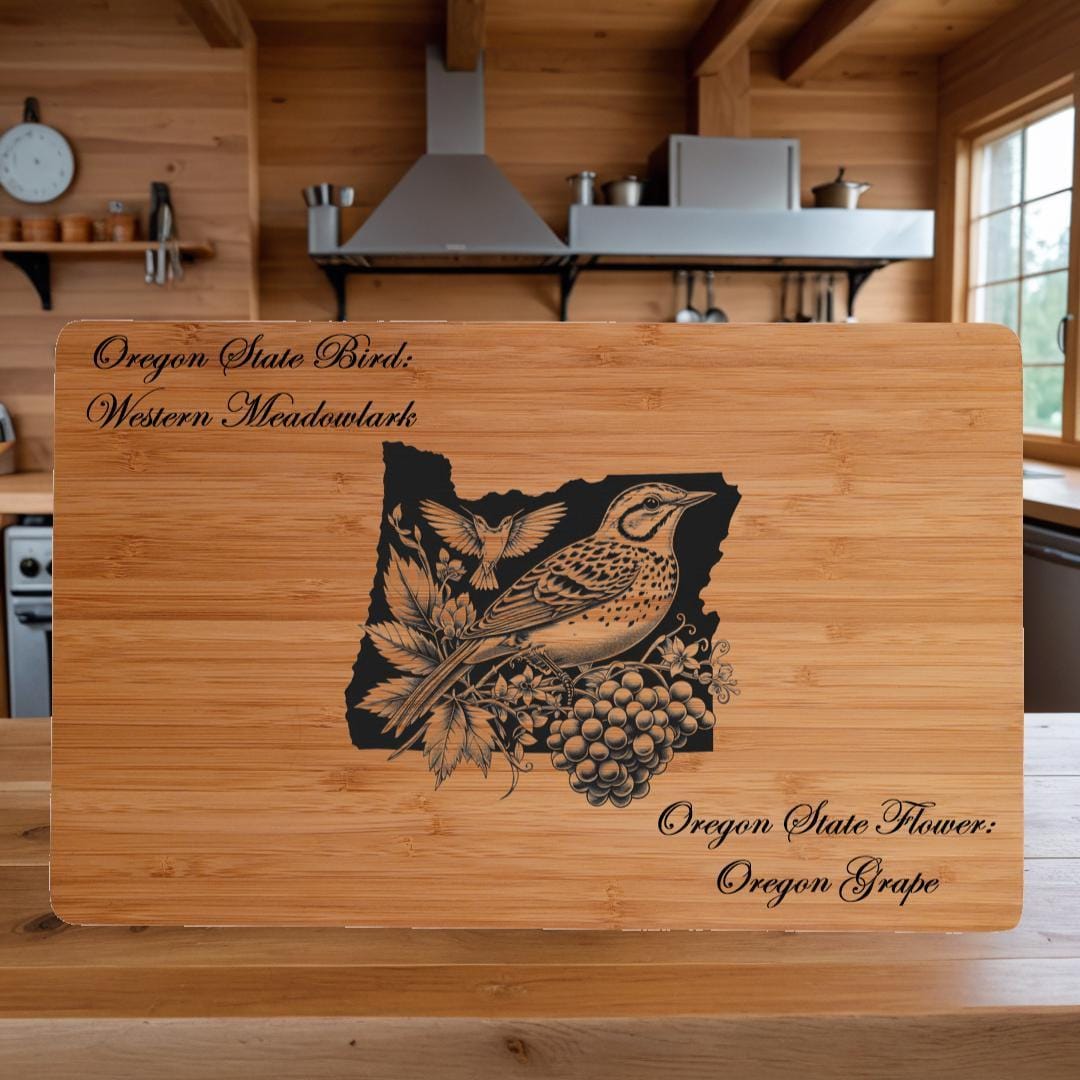 Personalized Cutting Board with Oregon State Bird and State Flower. Retirement Gift, Birthday, Anniversary or Housewarming Gift.