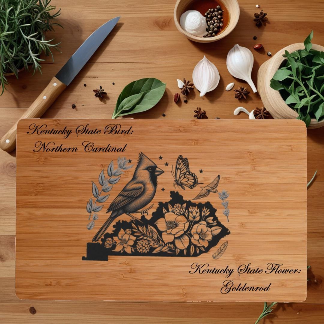 Kentucky State Bird and Flower Cutting Board: Engraved Bamboo