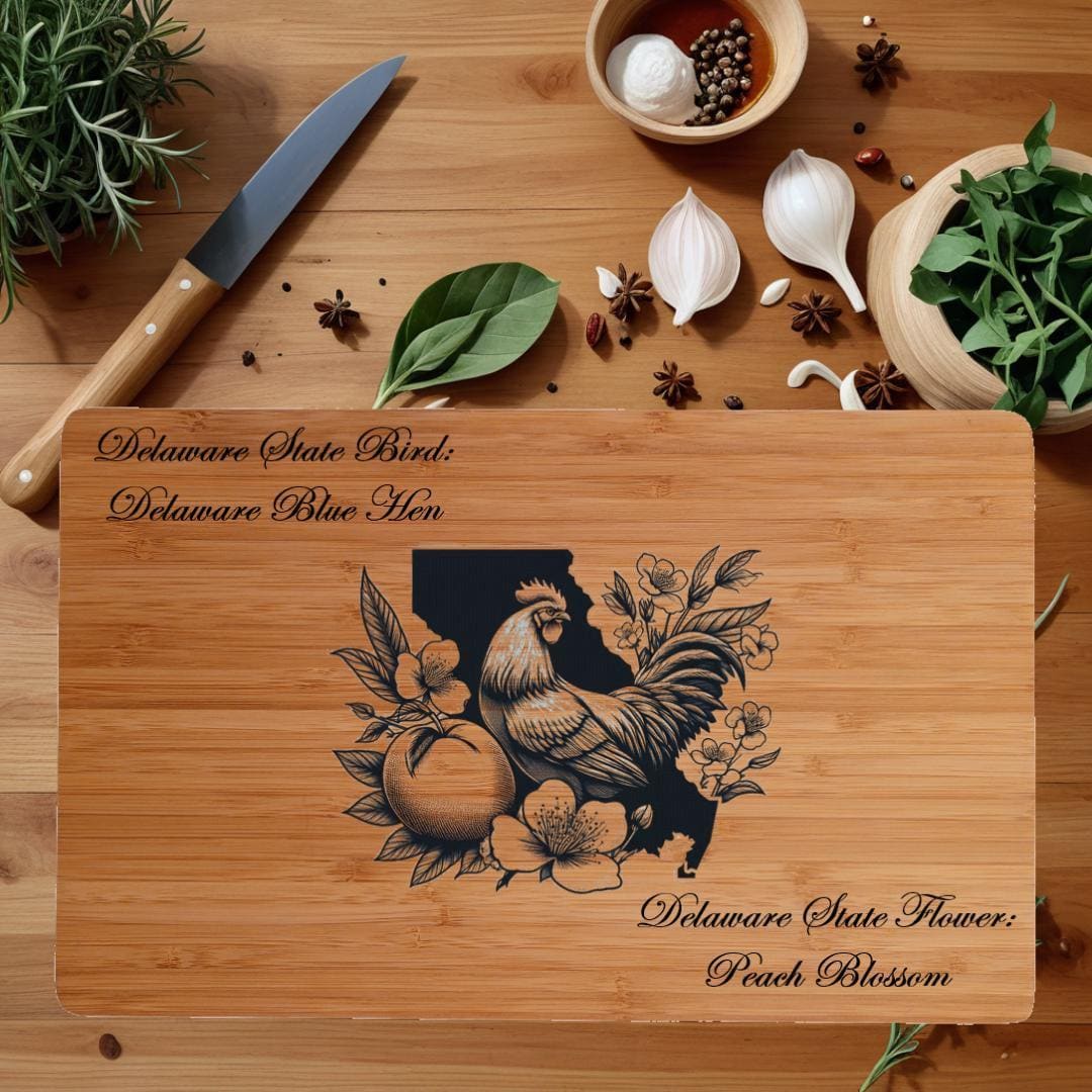 Personalized Cutting Board with Delaware State Bird and State Flower. Retirement Gift, Birthday, Anniversary or Housewarming Gift.