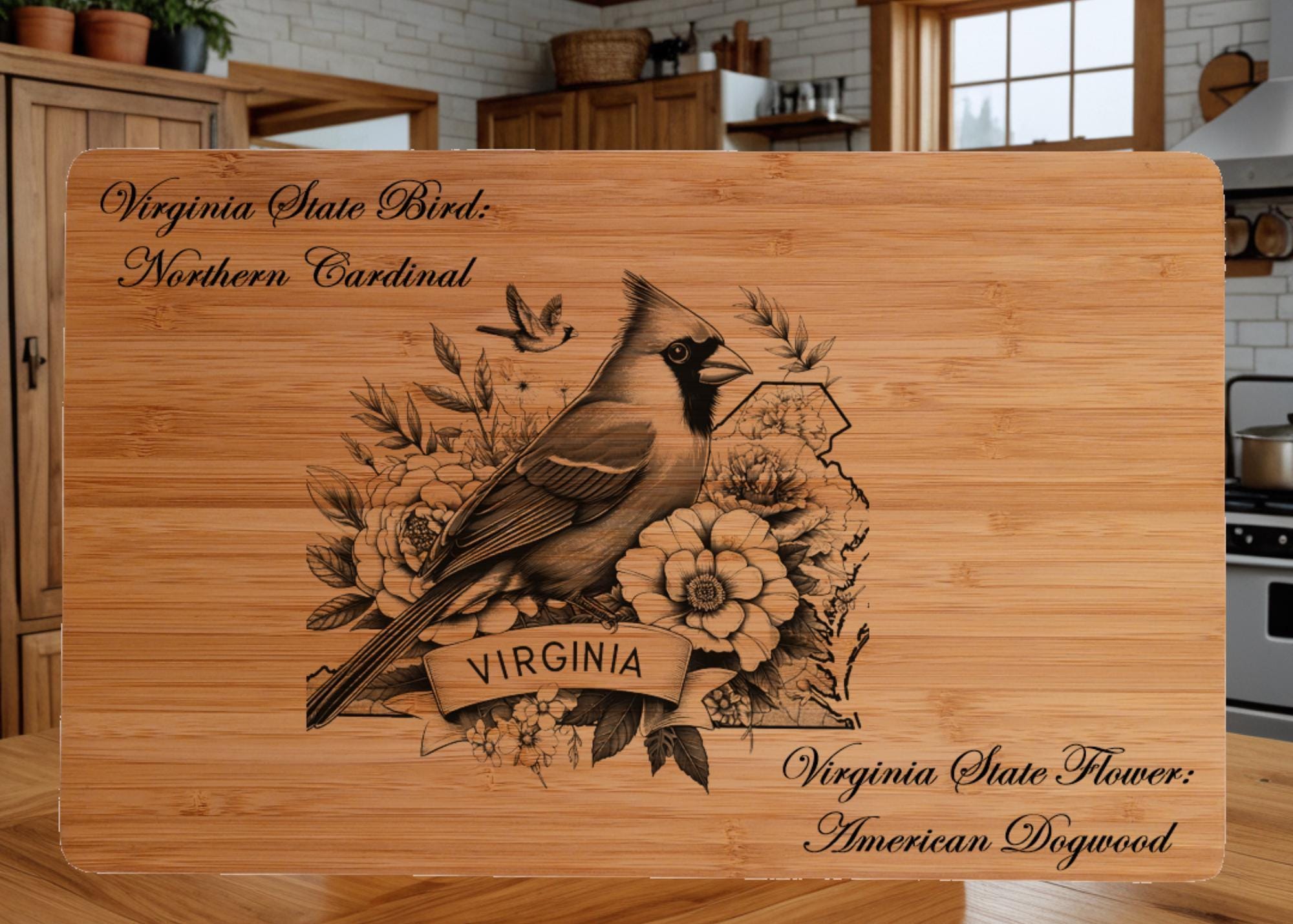 Virginia State Bird and Flower Bamboo Cutting Board: Northern Cardinal, American Dogwood