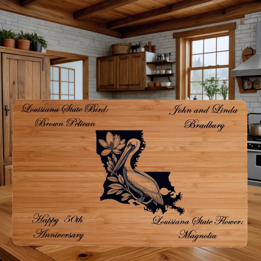 Personalized Cutting Board with Louisiana State Bird and State Flower. Retirement Gift, Birthday, Anniversary or Housewarming Gift.