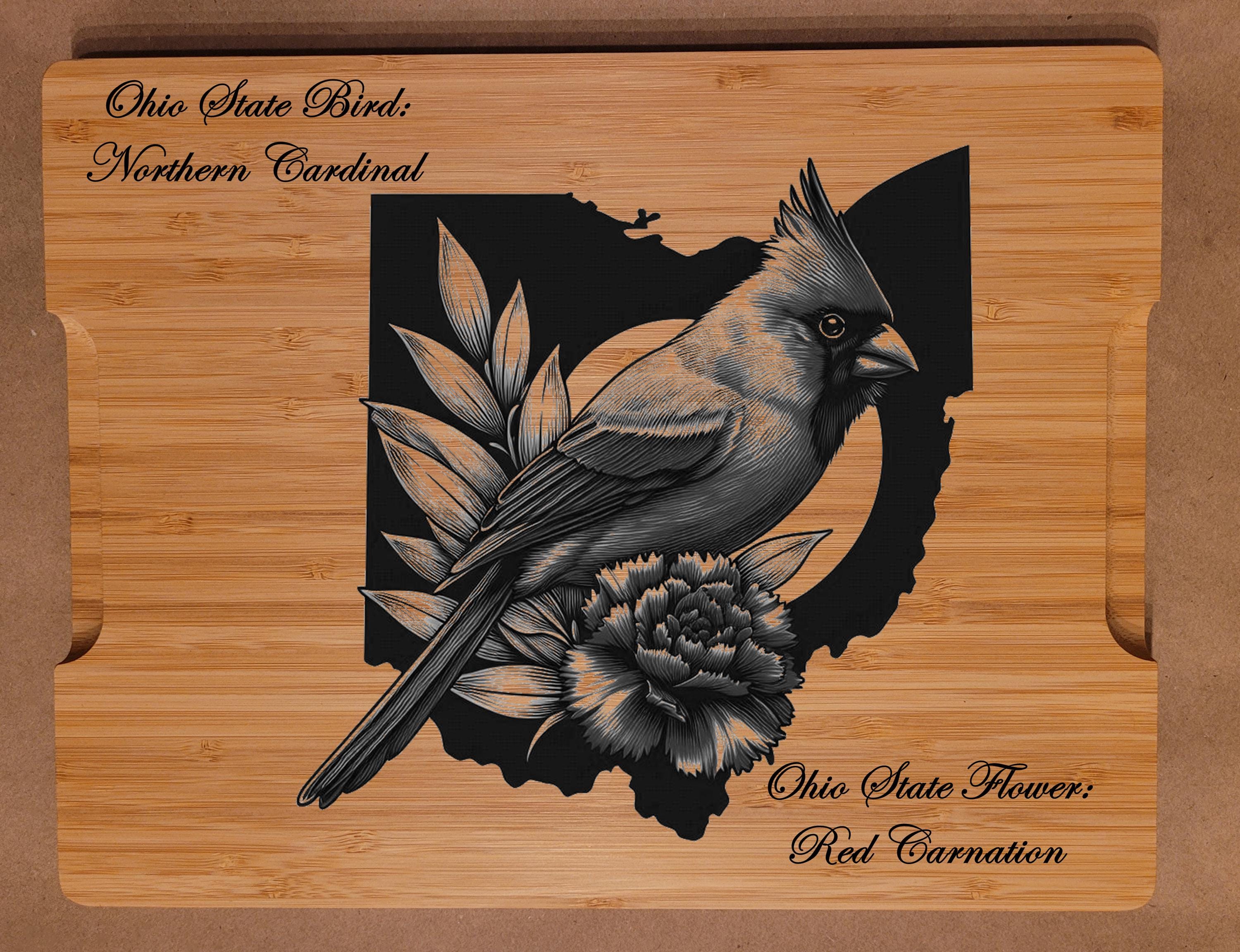 Personalized Ohio Cutting Board: State Bird & Flower Engraved Bamboo