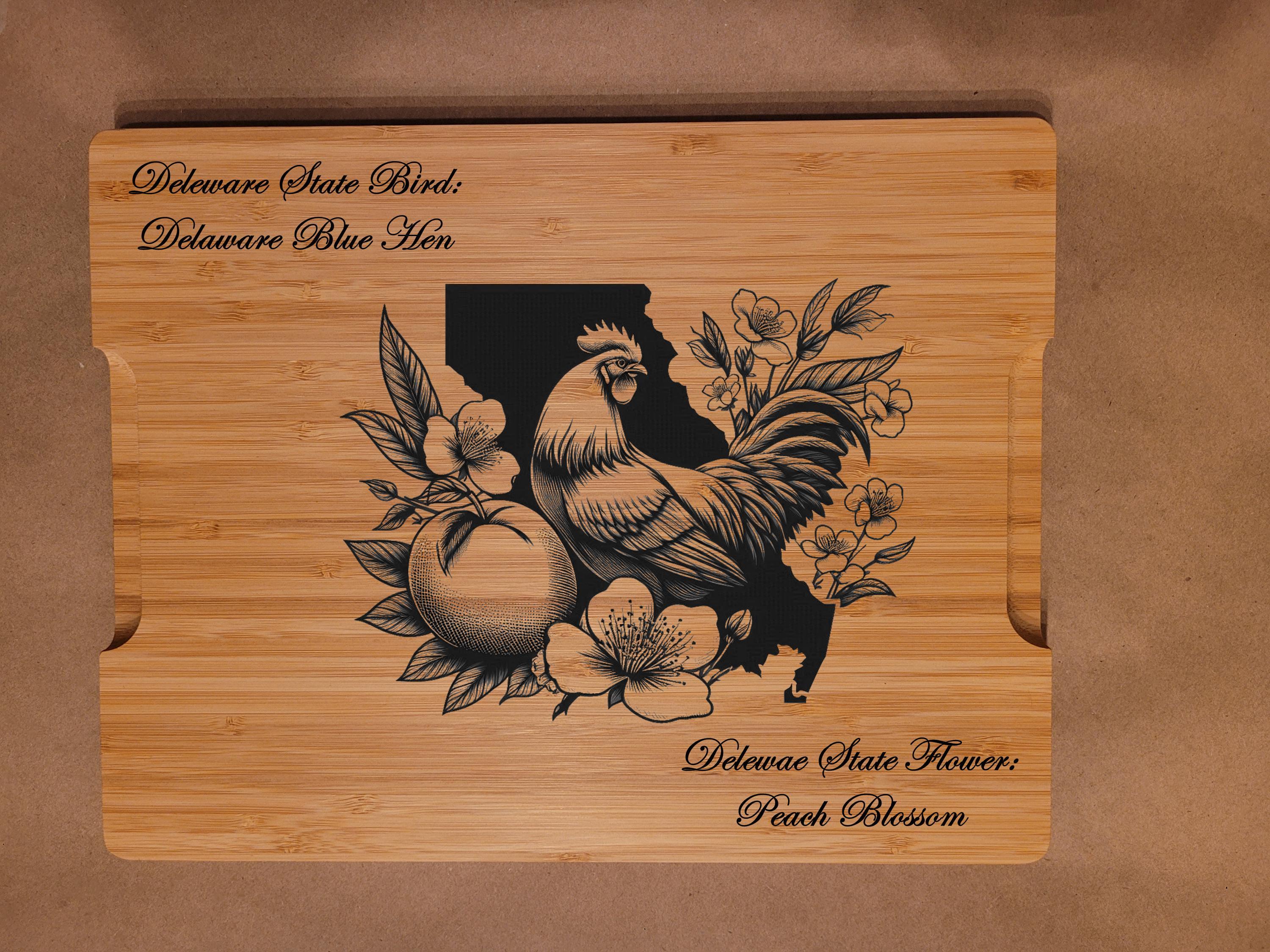 Personalized Cutting Board with Delaware State Bird and State Flower. Retirement Gift, Birthday, Anniversary or Housewarming Gift.