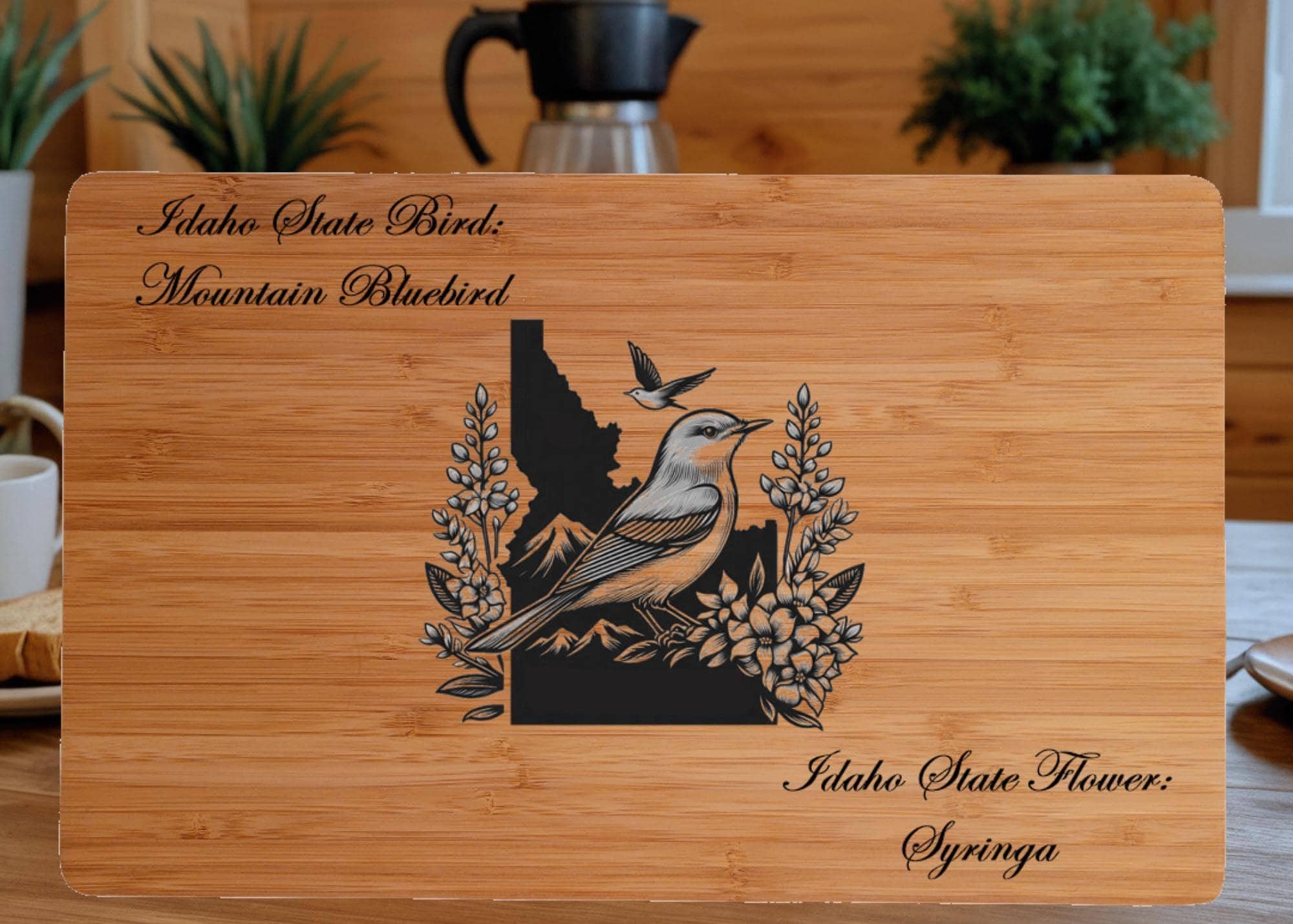 Personalized Cutting Board with Idaho State Bird and State Flower. Retirement Gift, Birthday, Anniversary or Housewarming Gift.