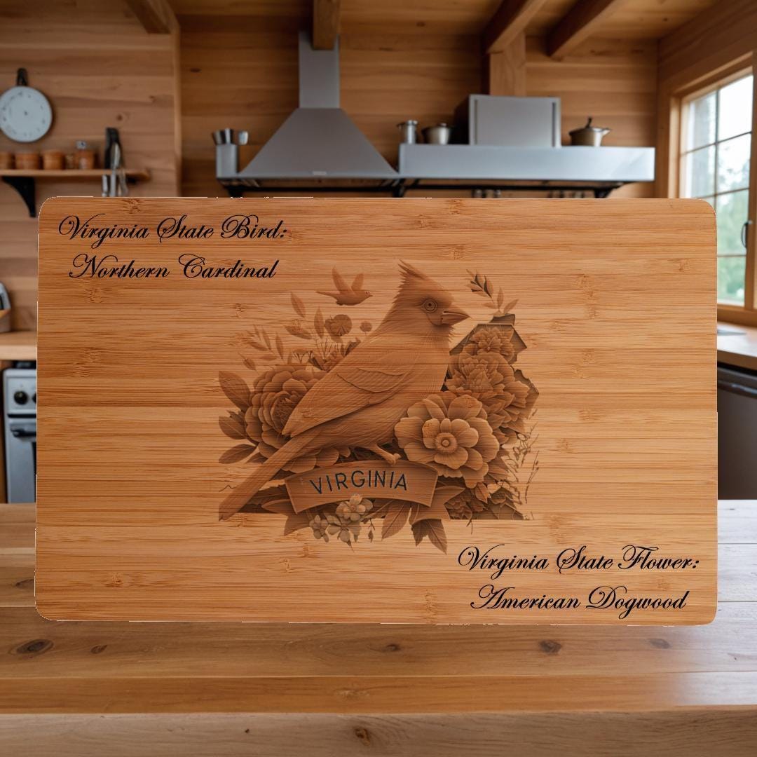 Virginia State Bird and Flower Bamboo Cutting Board: Northern Cardinal, American Dogwood