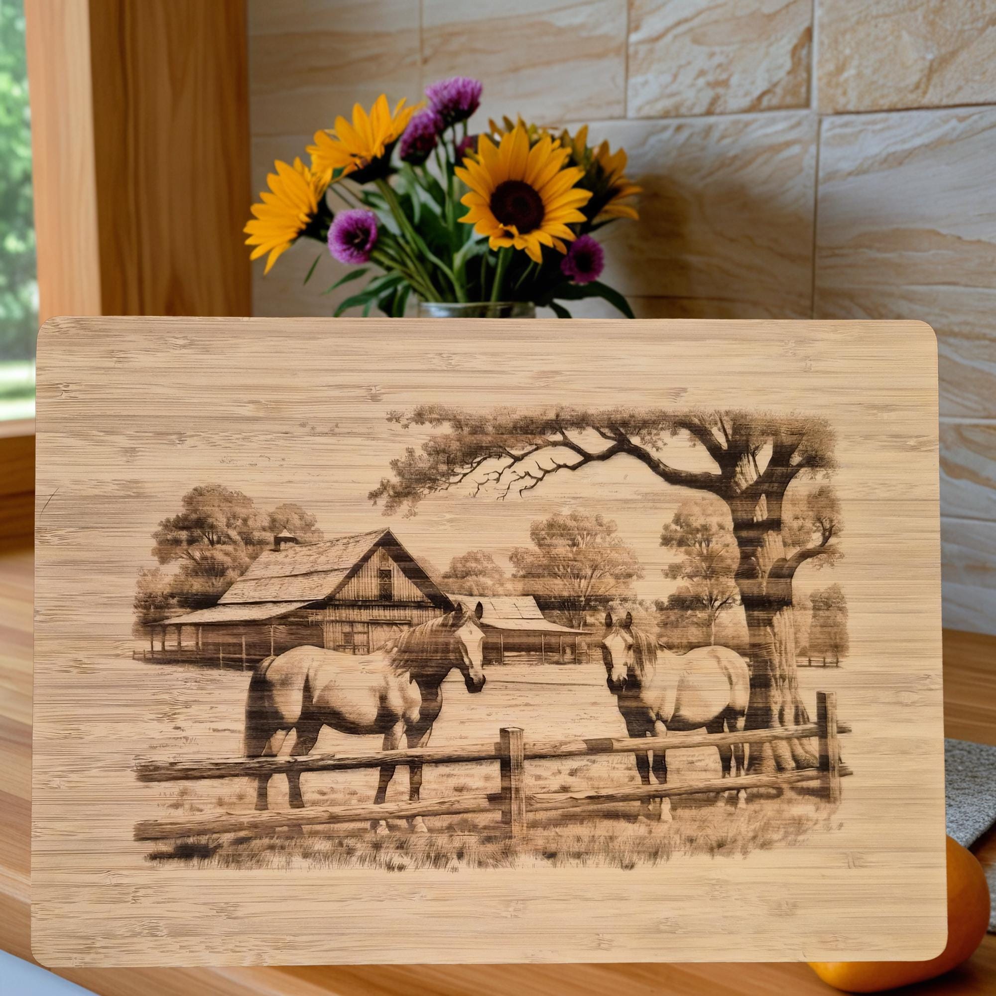 Personalized Horse Ranch Cutting Board: Engraved Bamboo Equestrian Gift