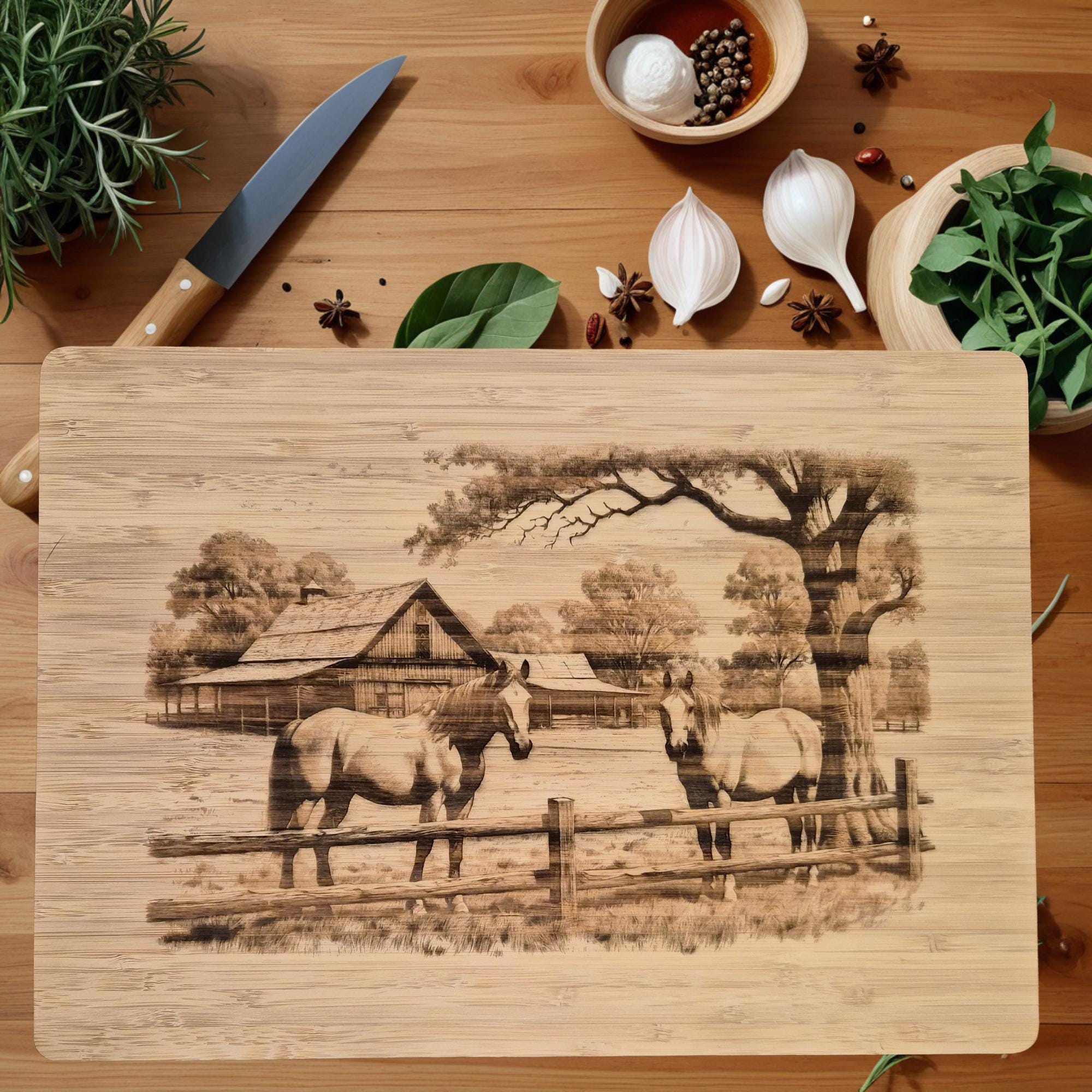 Personalized Horse Ranch Cutting Board: Engraved Bamboo Equestrian Gift