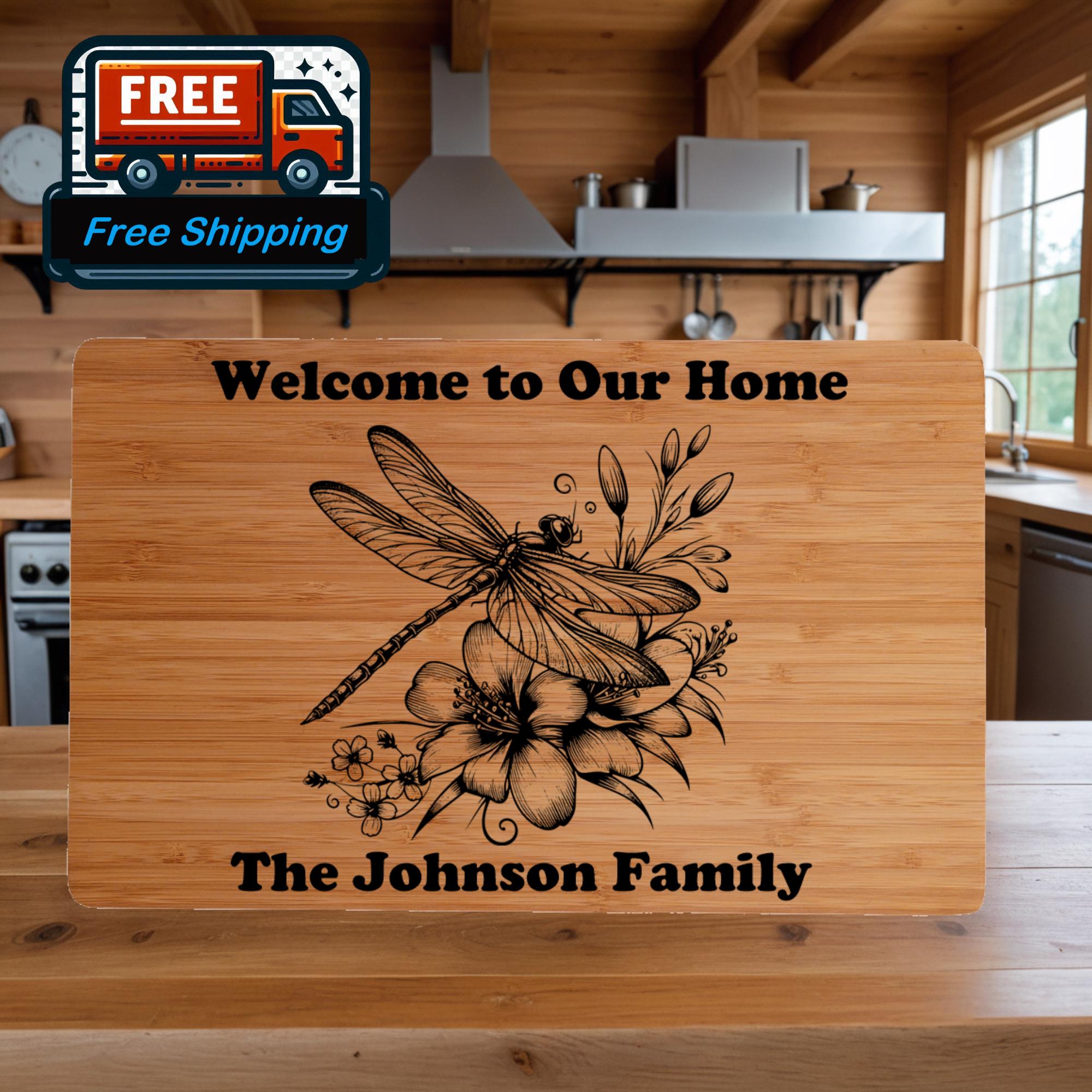 Custom Cutting Board with Dragonfly and Flowers. Personalized Cutting Board. Perfect Birthday, Anniversary or Housewarming Gift.
