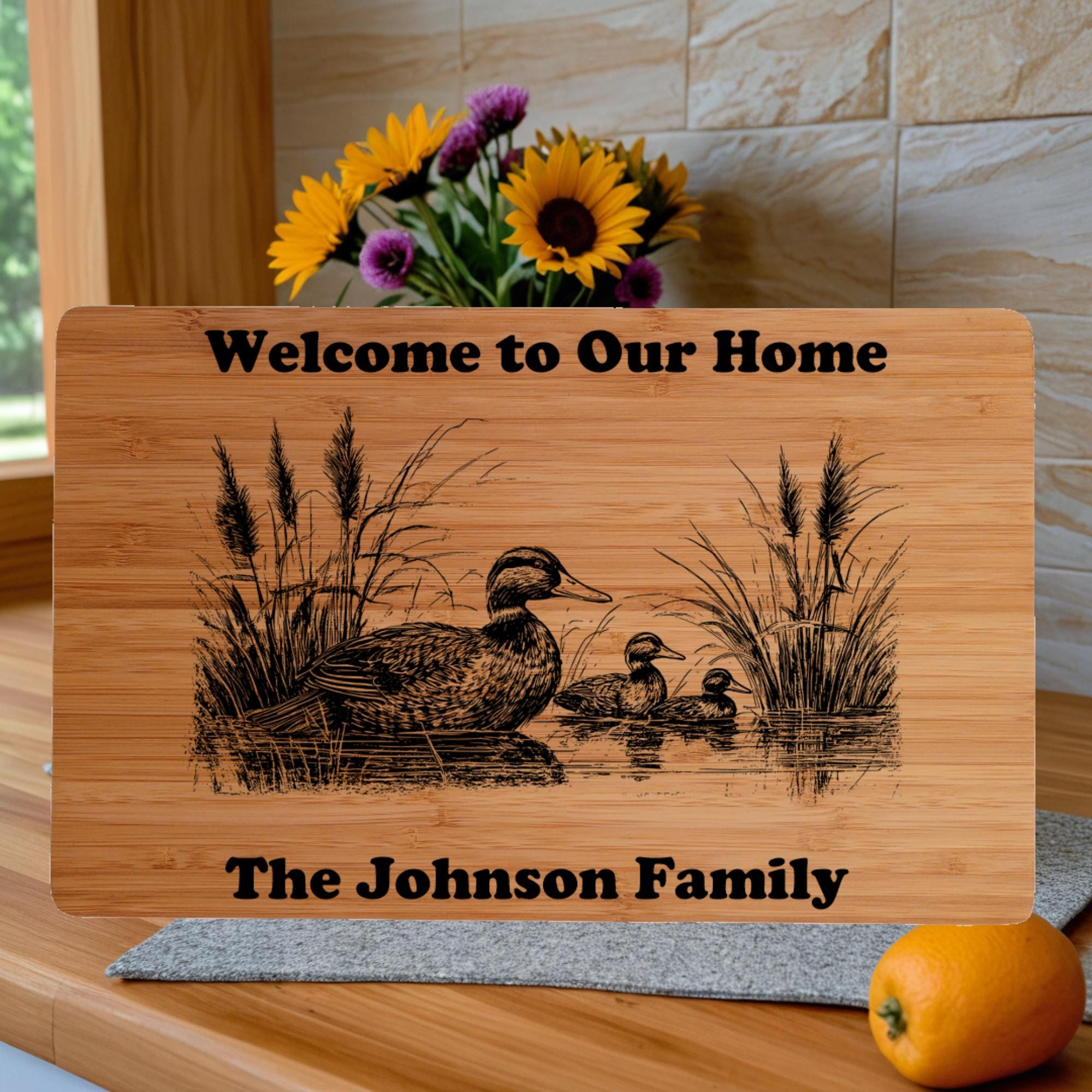 Personalized Bamboo Cutting Board: Ducks on Pond, Engraved Gift
