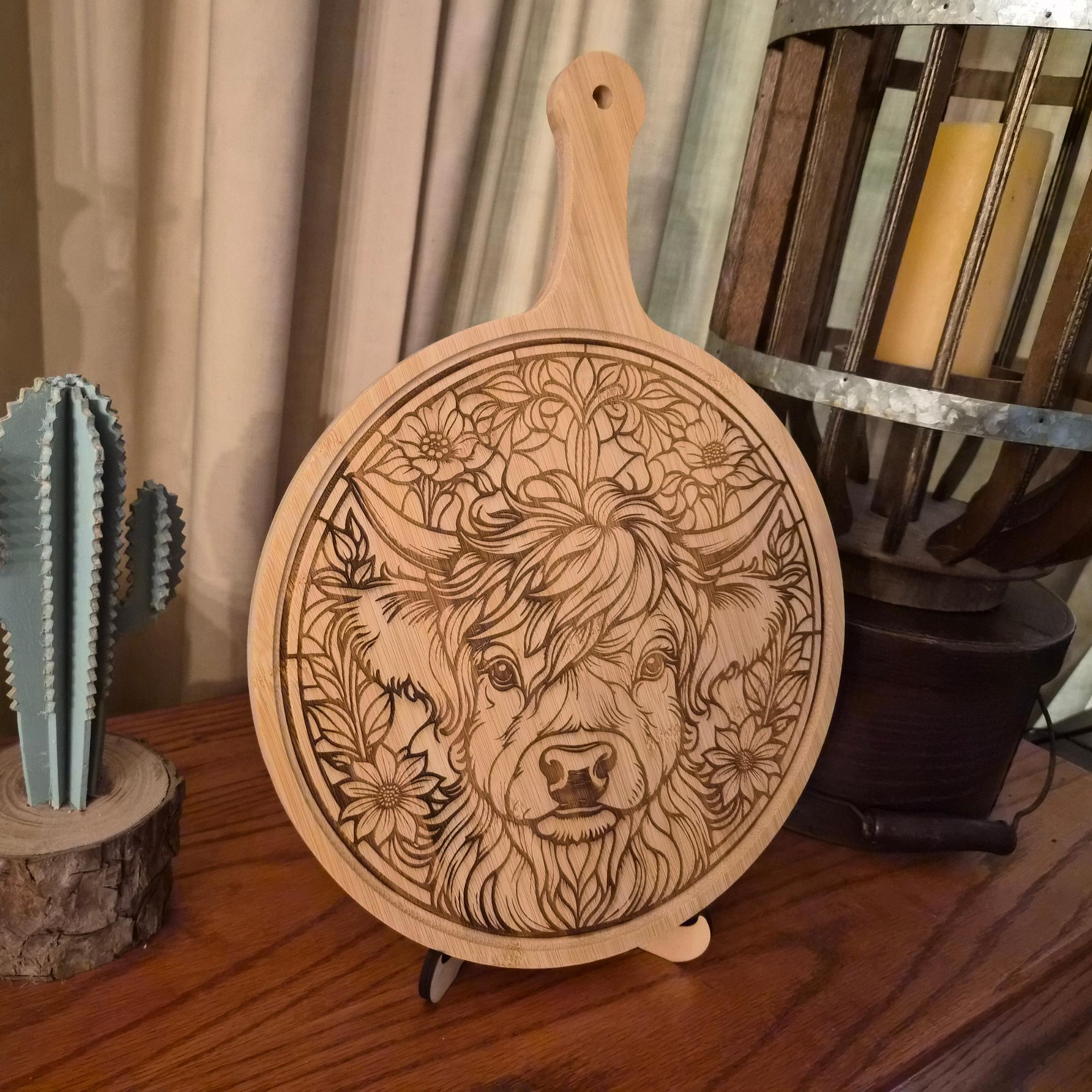 Highland Cow Bamboo Charcuterie Board: Laser Engraved Cutting Board