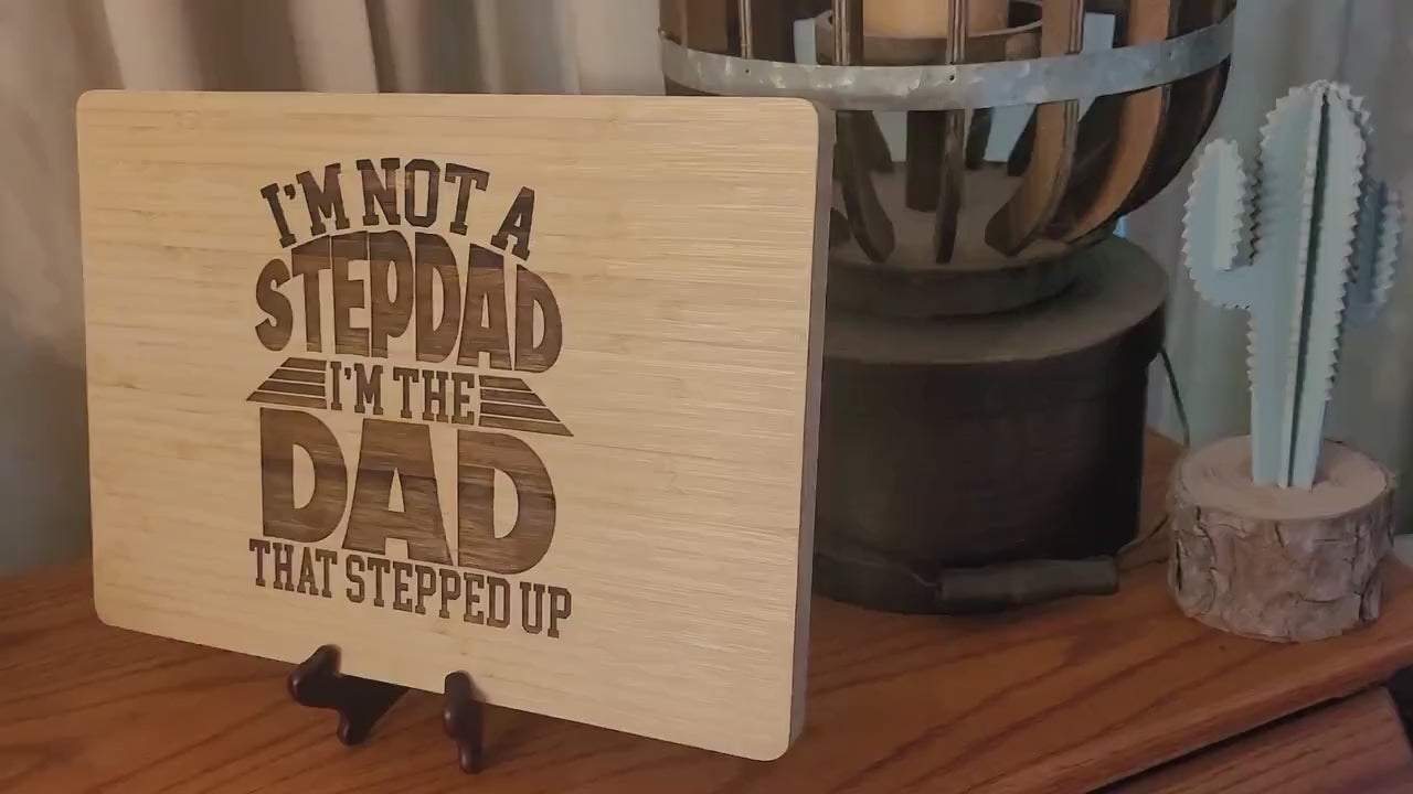 Personalized Bamboo Cutting Board: Gift for Stepdad with Display Stand