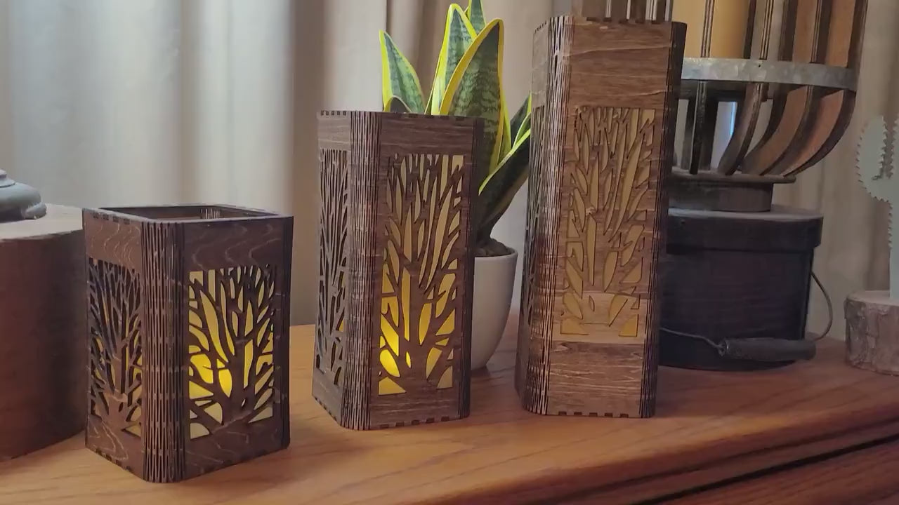 Personalized Tea Light Lantern Set: Engraved Wooden Candle Holders
