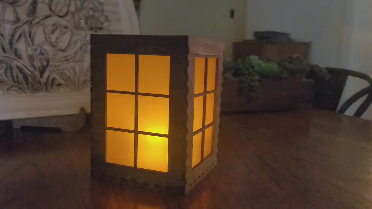 Rustic Window Pane Tea Light Lantern: Laser Cut Basswood with English Chestnut Stain.