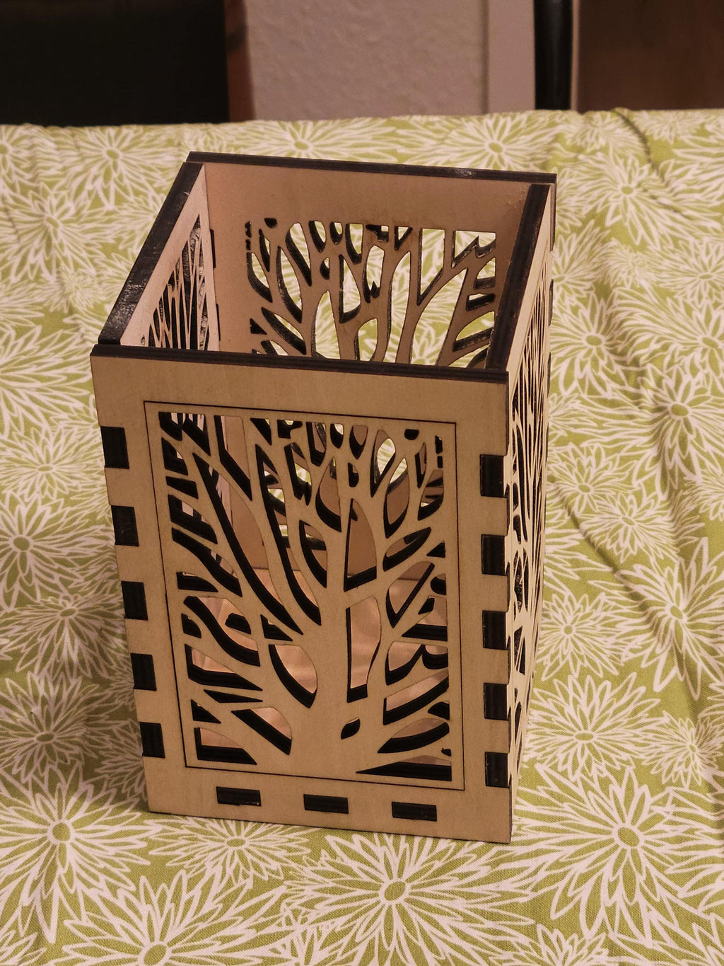 Nature Scene Tea Light Lantern. Laser Cut Wood Lantern with Vellum and LED Candle.